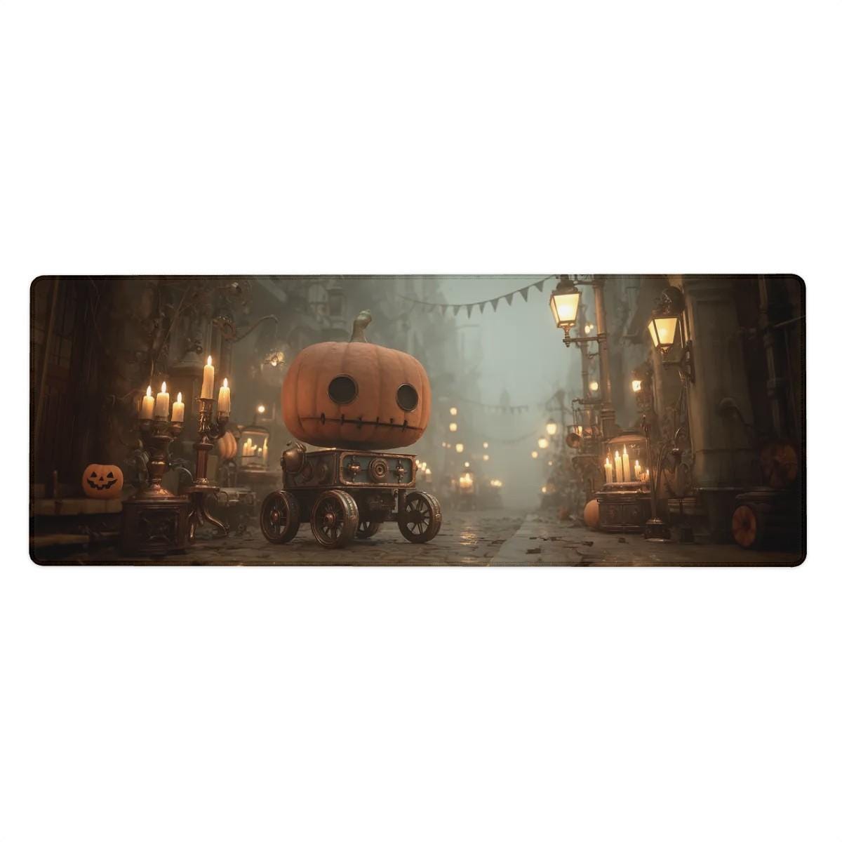 Pumpkin Robot Halloween Desk Mat | Pumpkin Jack O Lantern Large Mouse Pad, Vintage Fantasy Gothic Decor for Desk Setup