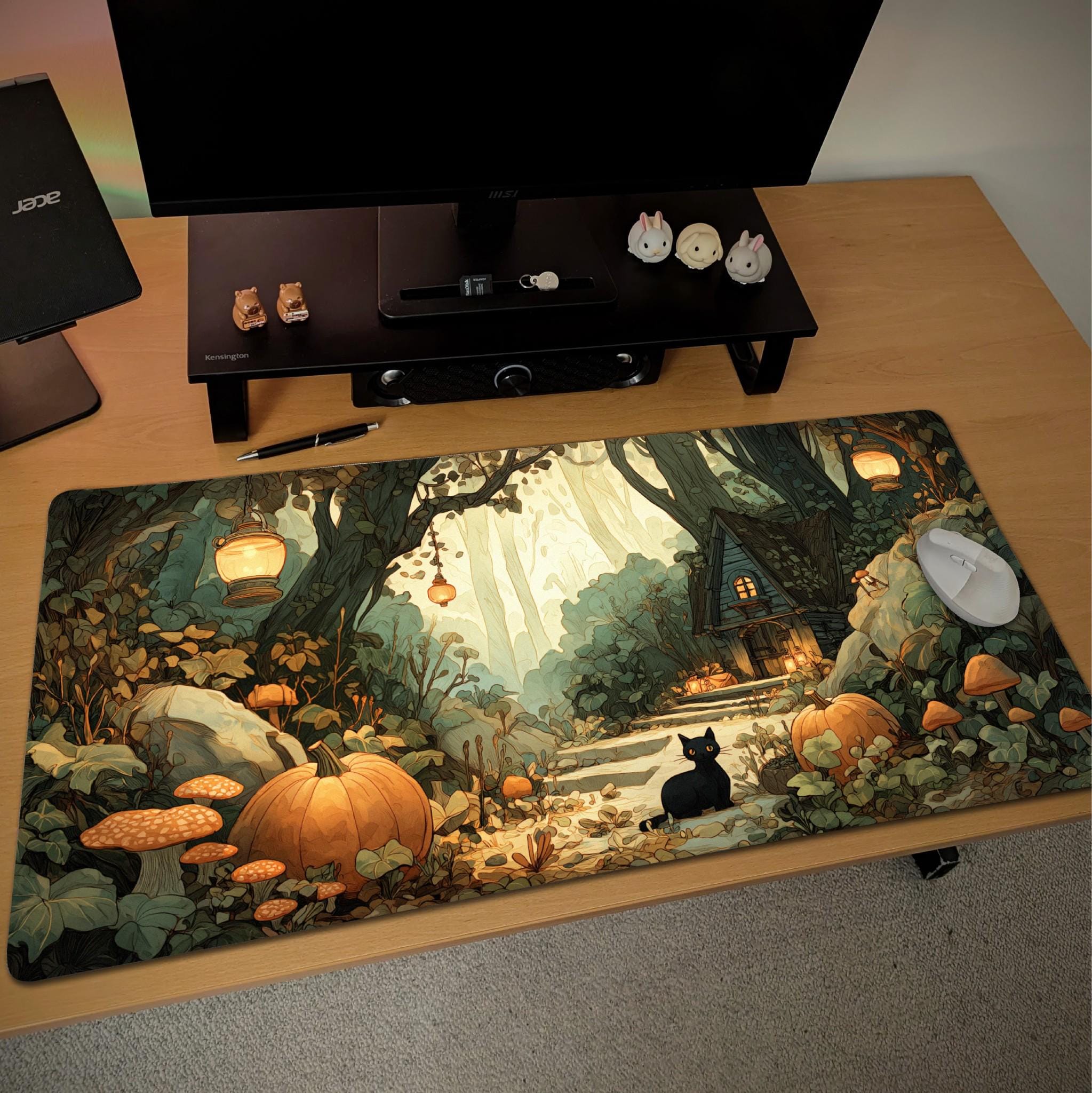 Cozy Autumn Forest Desk Mat | Halloween Black Cat Large Mouse Pad - Cottagecore Pumpkin Aesthetic XL Gaming & Office Desk Pad