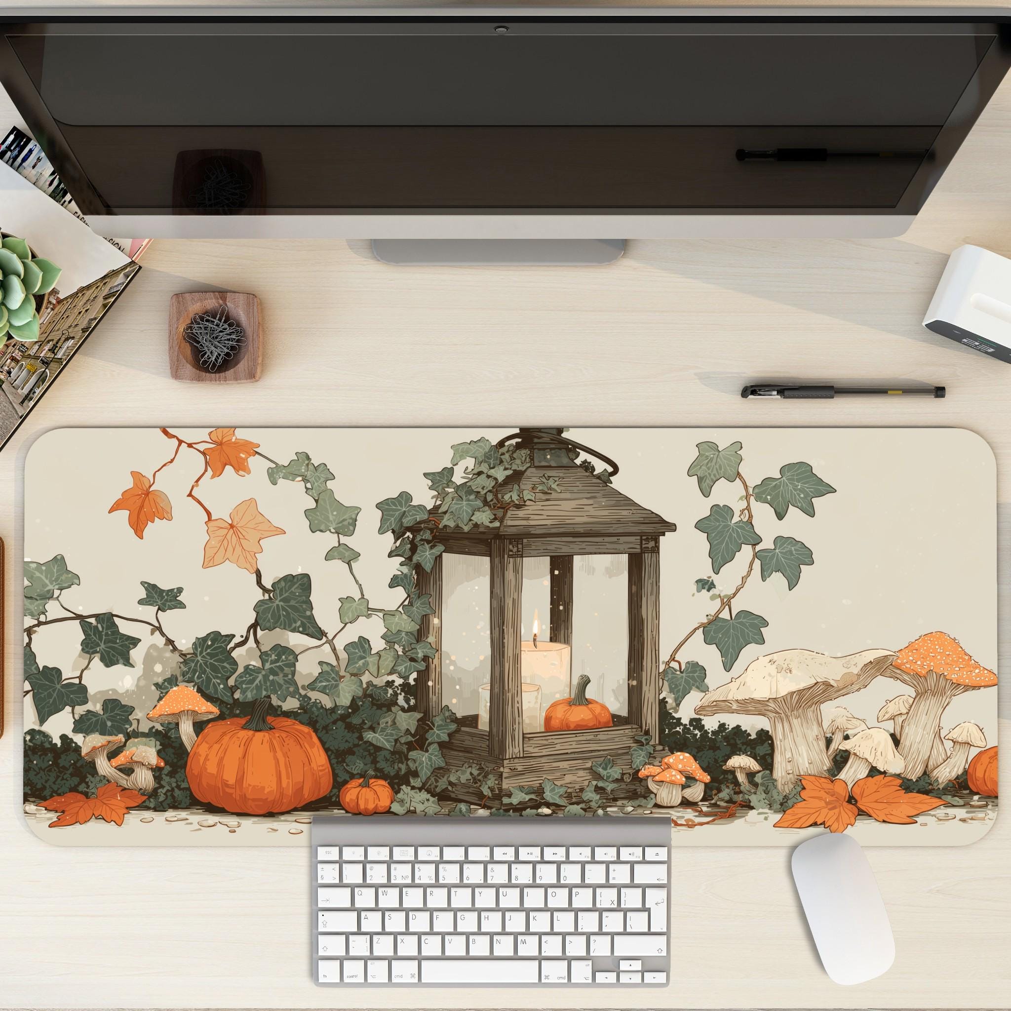 Halloween Cottagecore Desk Mat | Large Mouse Pad, Pumpkin Mushroom Botanical Design | Cozy Gaming and Desk Accessories