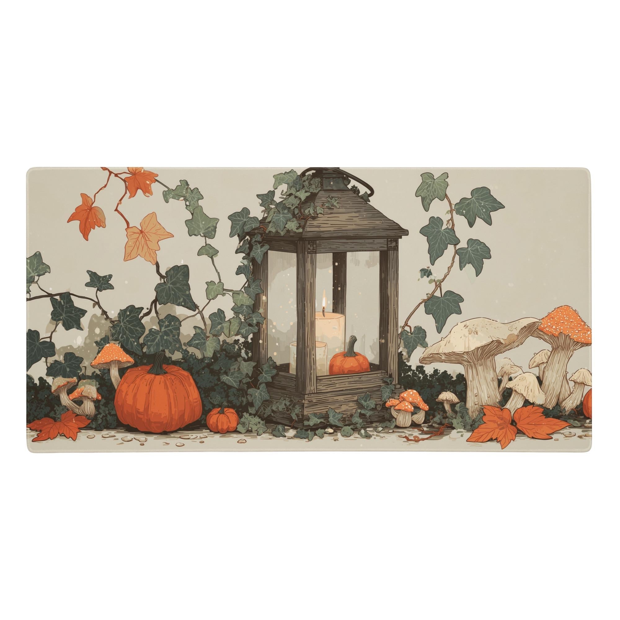 Halloween Cottagecore Desk Mat | Large Mouse Pad, Pumpkin Mushroom Botanical Design | Cozy Gaming and Desk Accessories