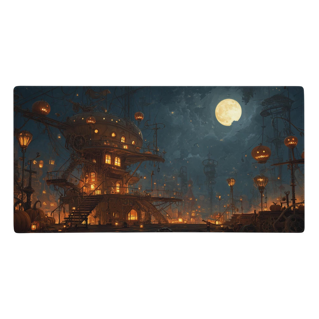 Steampunk Halloween House Desk Mat | Spooky Large Mouse Pad Jack O Lantern Pumpkin, Fantasy Moon Night, Gaming Desk Setup Gift and Accessory