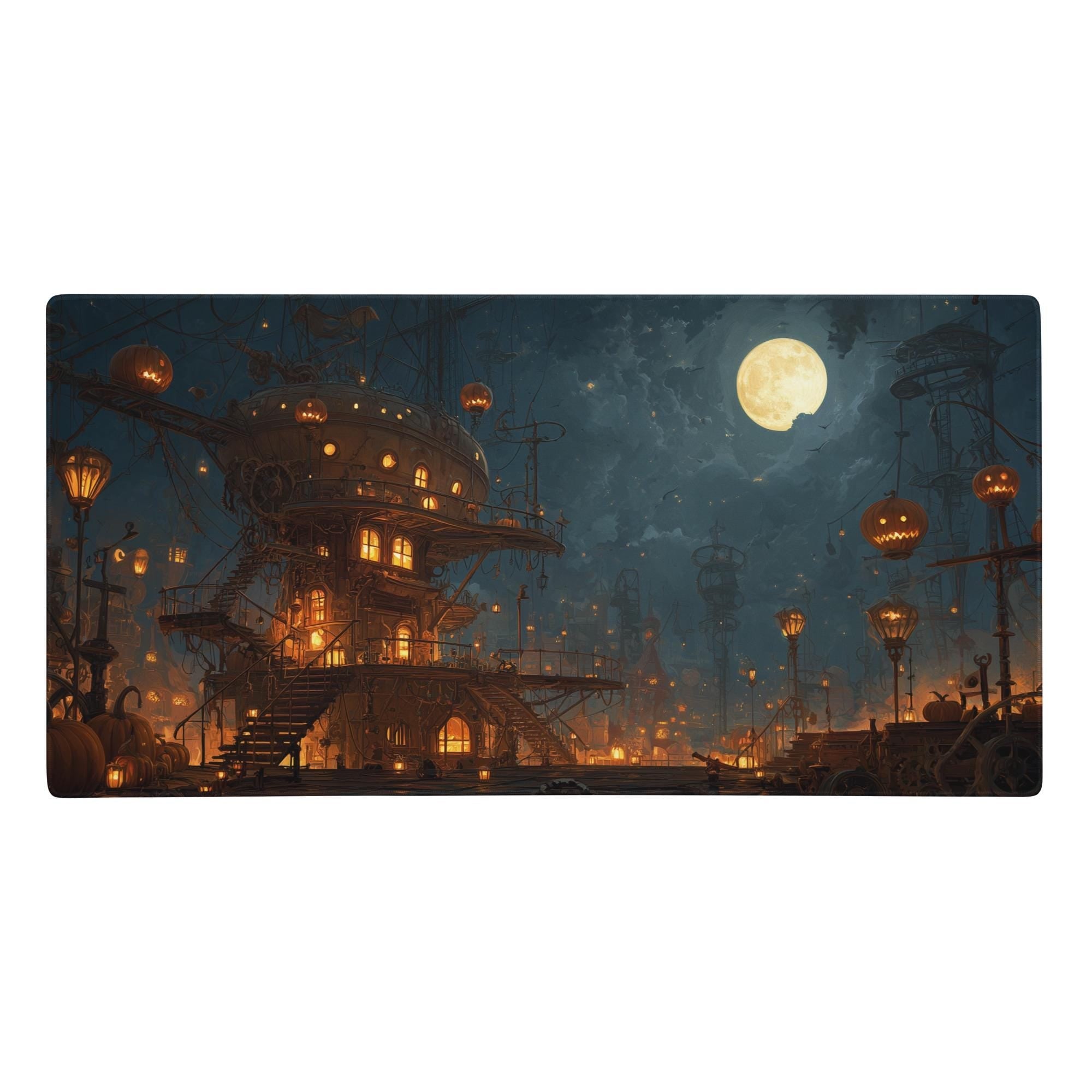 Steampunk Halloween House Desk Mat | Spooky Large Mouse Pad Jack O Lantern Pumpkin, Fantasy Moon Night, Gaming Desk Setup Gift and Accessory
