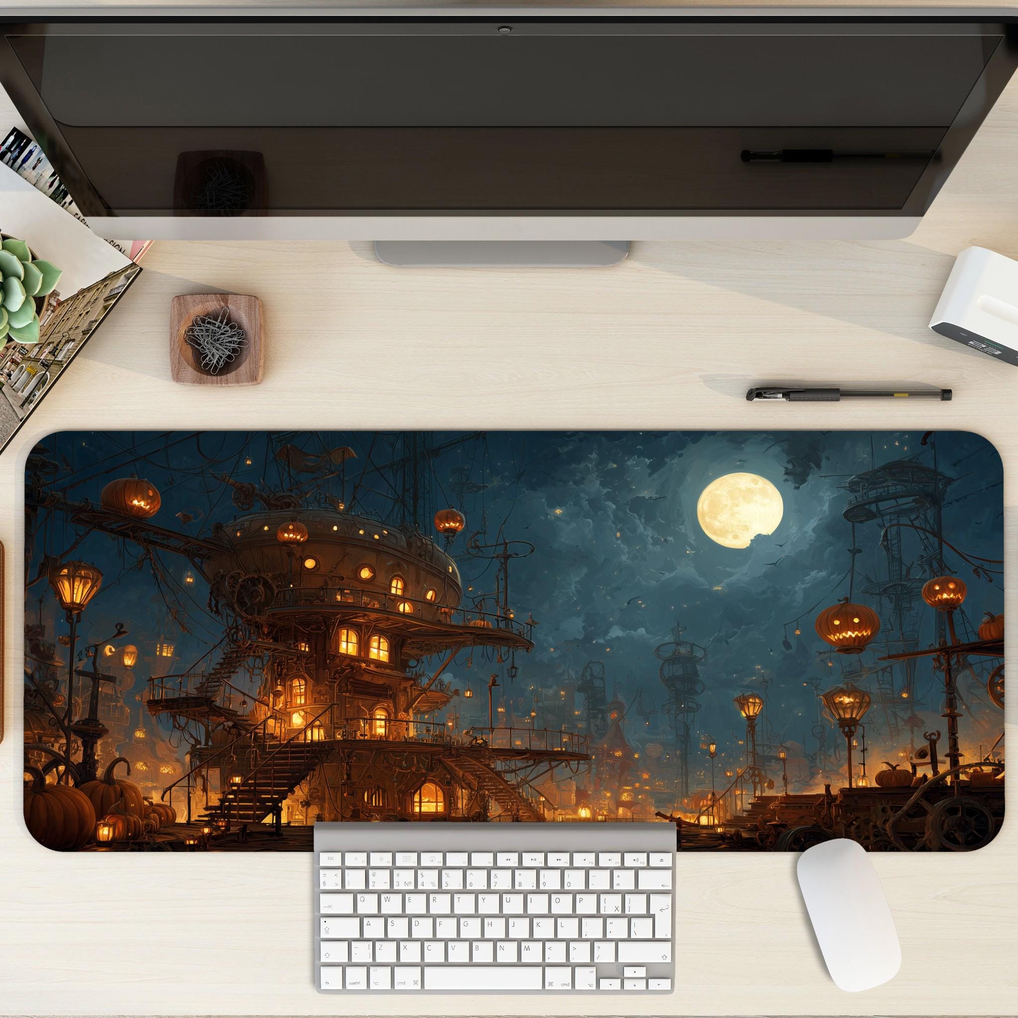Steampunk Halloween House Desk Mat | Spooky Large Mouse Pad Jack O Lantern Pumpkin, Fantasy Moon Night, Gaming Desk Setup Gift and Accessory