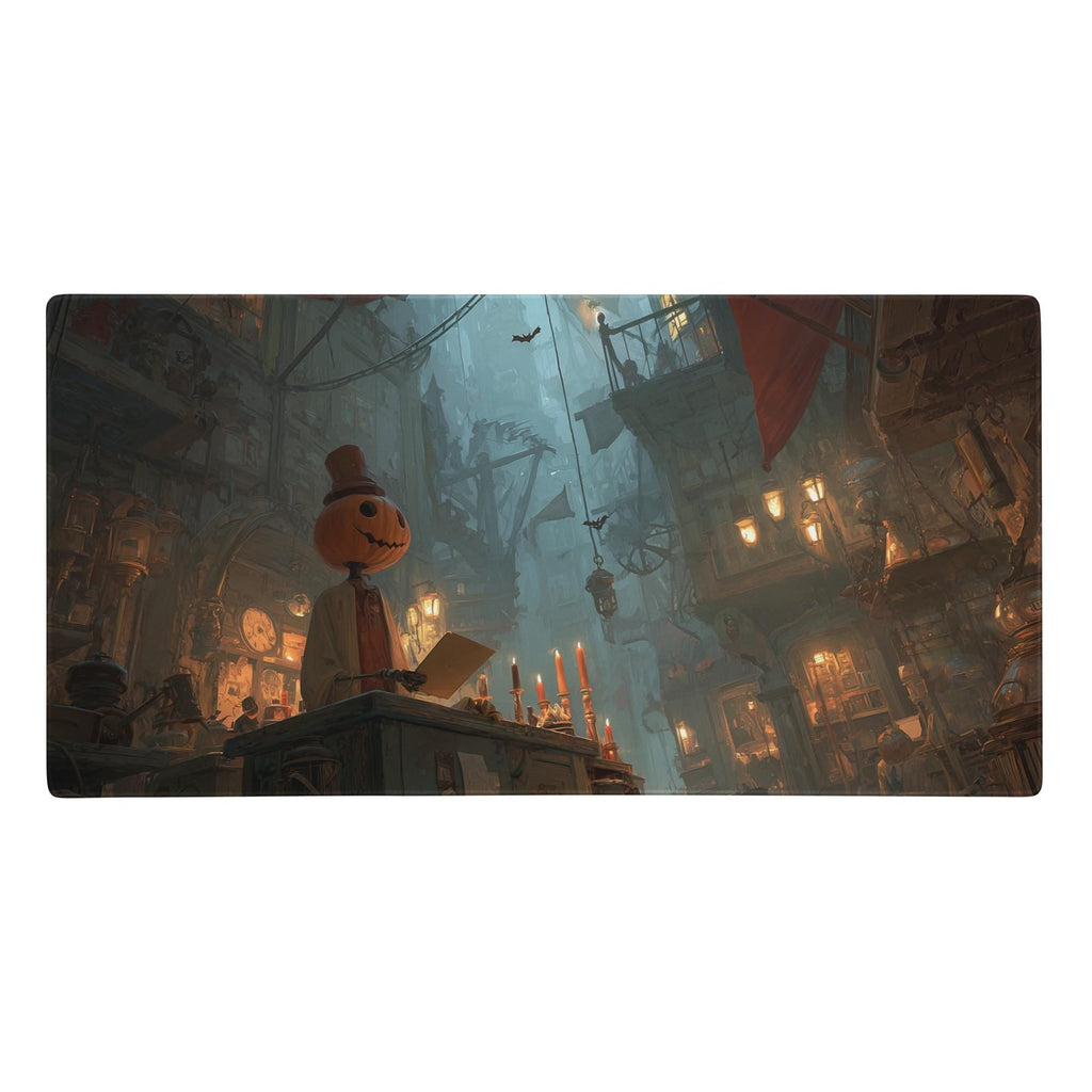 Fantasy Halloween Desk Mat | Spooky Pumpkin Head Large Mouse Pad, Gothic Dark Gaslamp Gaming Scene XL Desk Pad