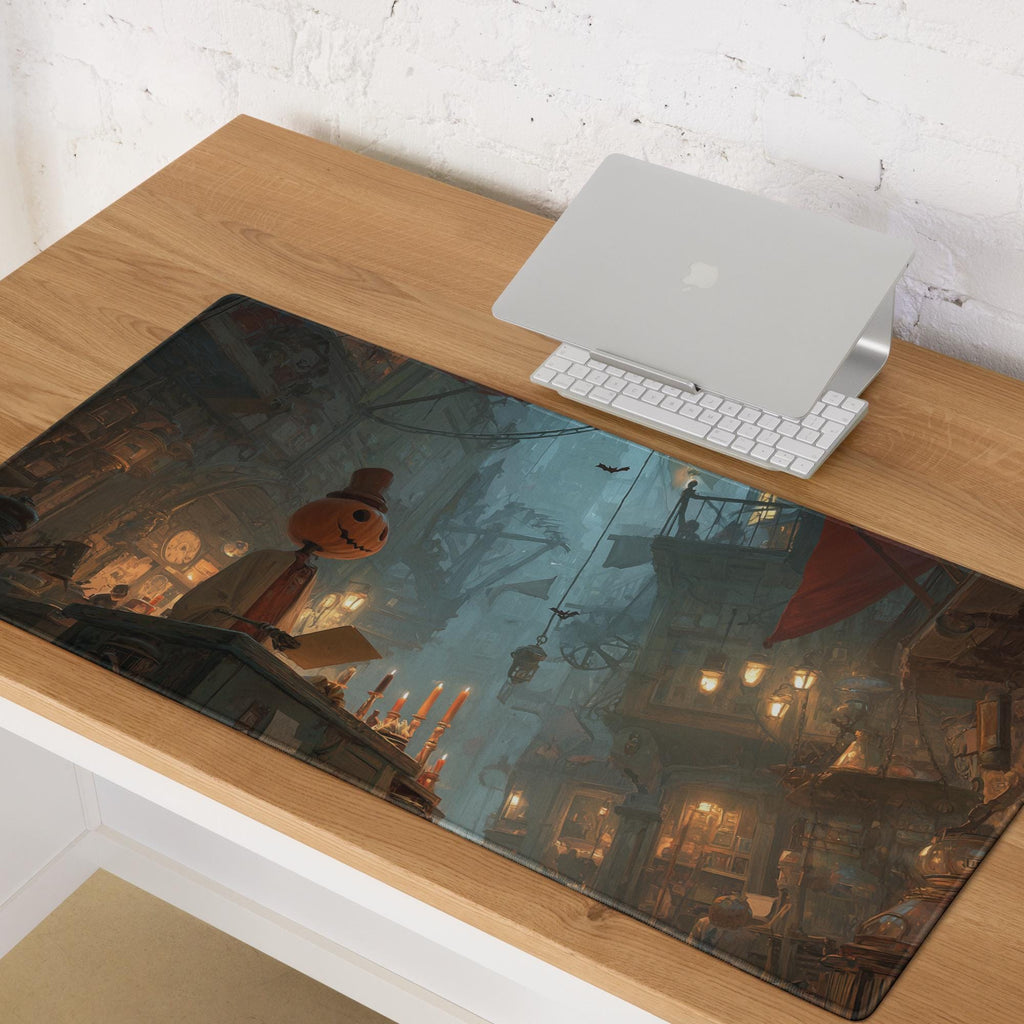 Fantasy Halloween Desk Mat | Spooky Pumpkin Head Large Mouse Pad, Gothic Dark Gaslamp Gaming Scene XL Desk Pad