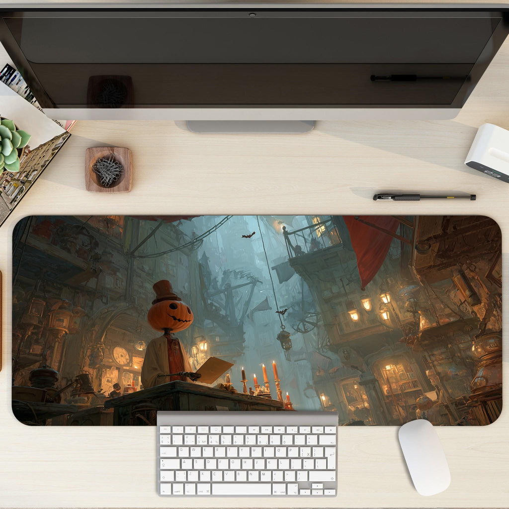Fantasy Halloween Desk Mat | Spooky Pumpkin Head Large Mouse Pad, Gothic Dark Gaslamp Gaming Scene XL Desk Pad