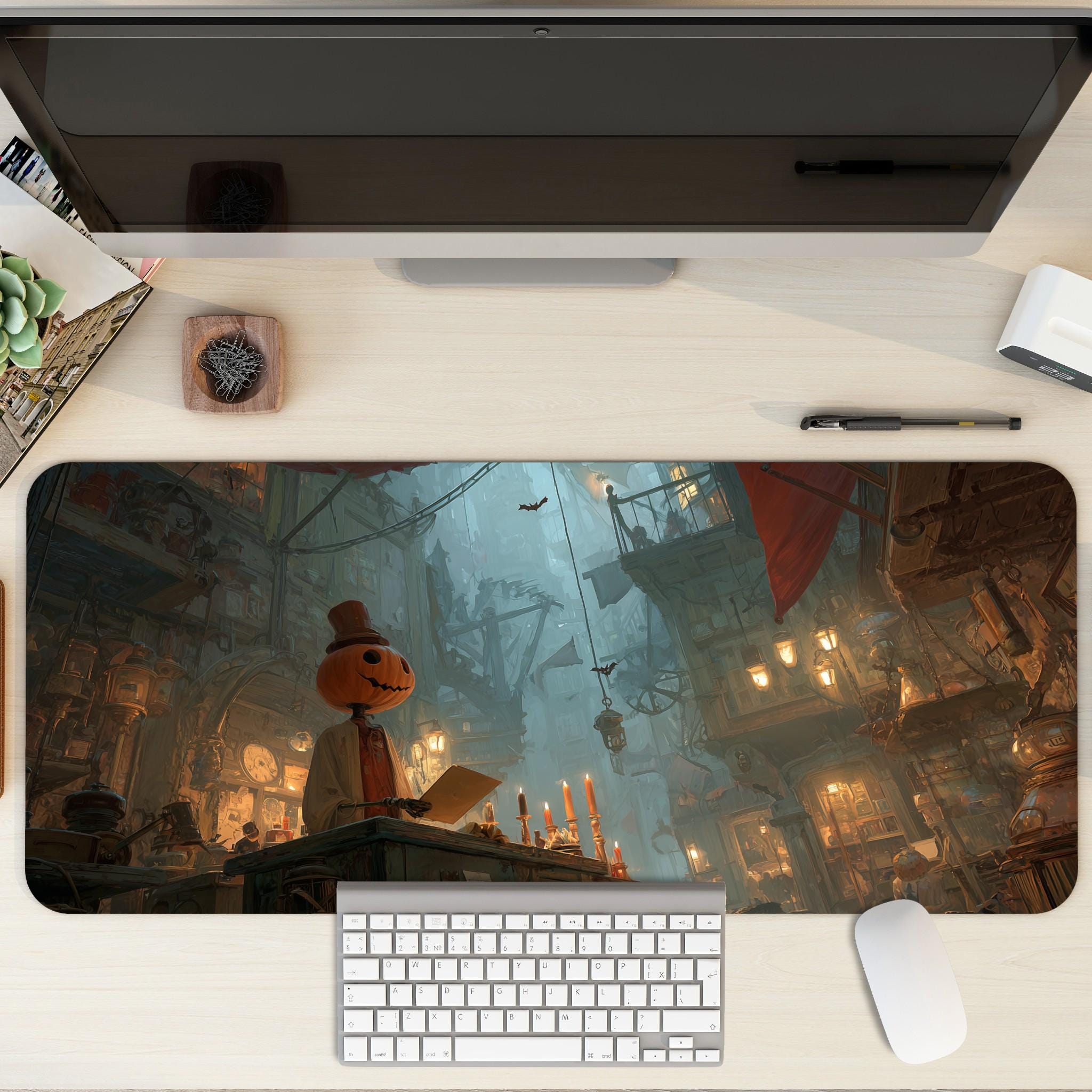 Fantasy Halloween Desk Mat | Spooky Pumpkin Head Large Mouse Pad, Gothic Dark Gaslamp Gaming Scene XL Desk Pad