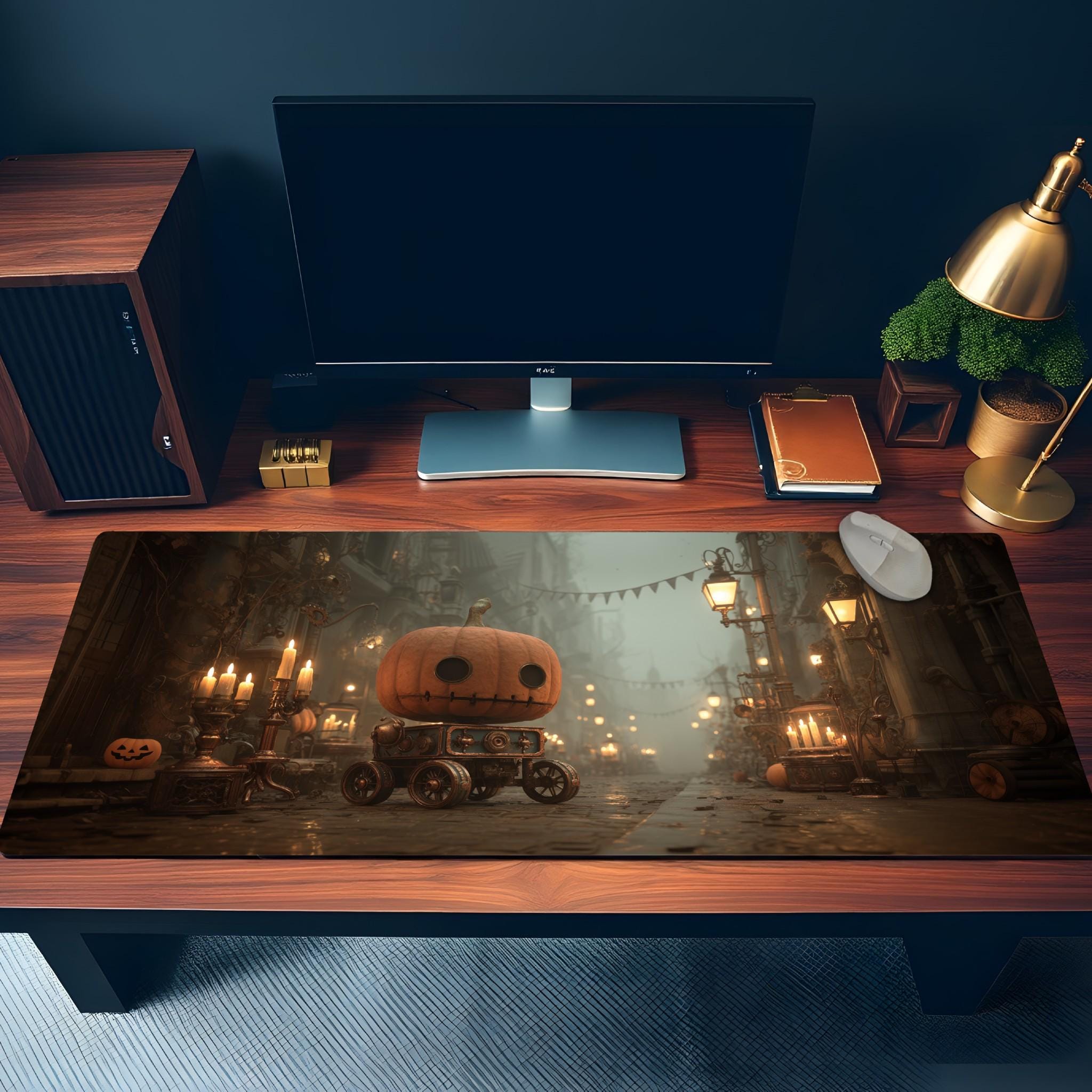 Pumpkin Robot Halloween Desk Mat | Pumpkin Jack O Lantern Large Mouse Pad, Vintage Fantasy Gothic Decor for Desk Setup