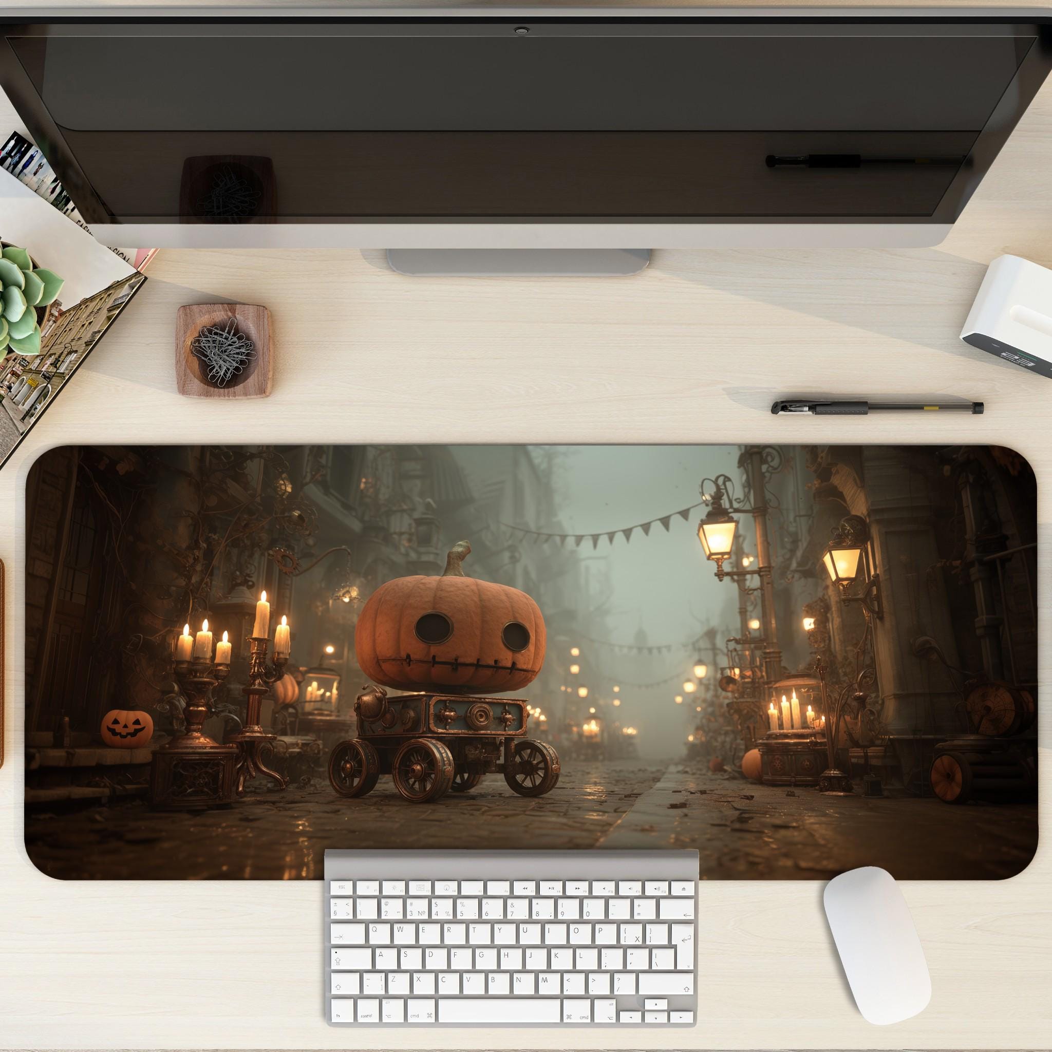 Pumpkin Robot Halloween Desk Mat | Pumpkin Jack O Lantern Large Mouse Pad, Vintage Fantasy Gothic Decor for Desk Setup