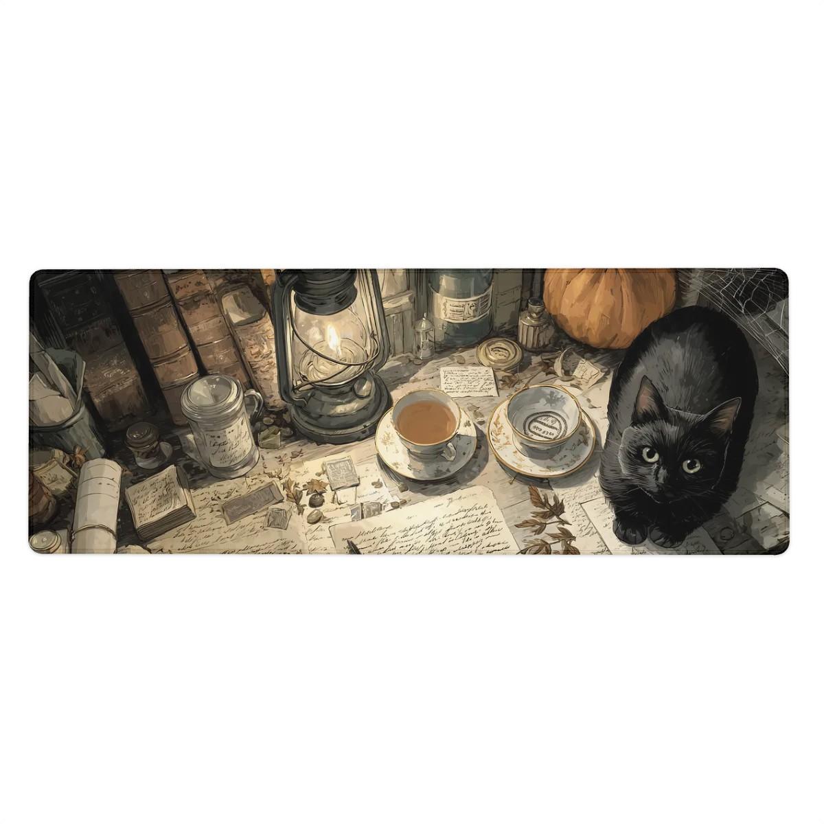 Vintage Painterly Medieval Desk Mat | Black Cat, Pumpkin & Spellbook Scholar Mouse Pad – Dark Academia Halloween Decor