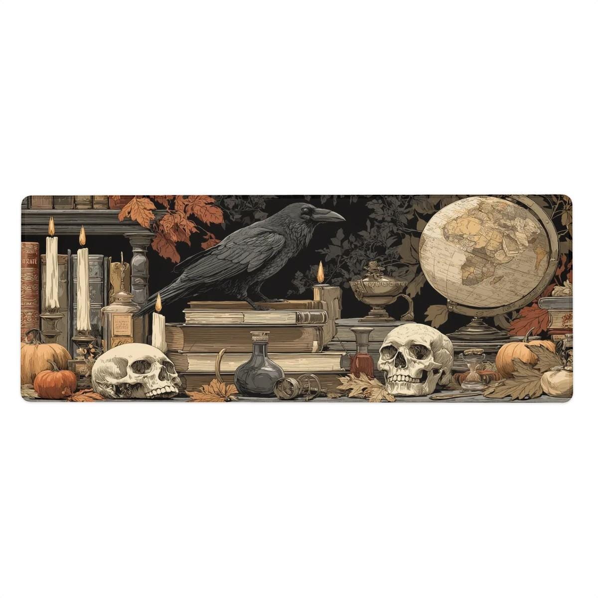 Gothic Halloween Raven Desk Mat | Dark Academia Skulls Large Mouse Pad, Vintage Witchy Desk Setup Decor