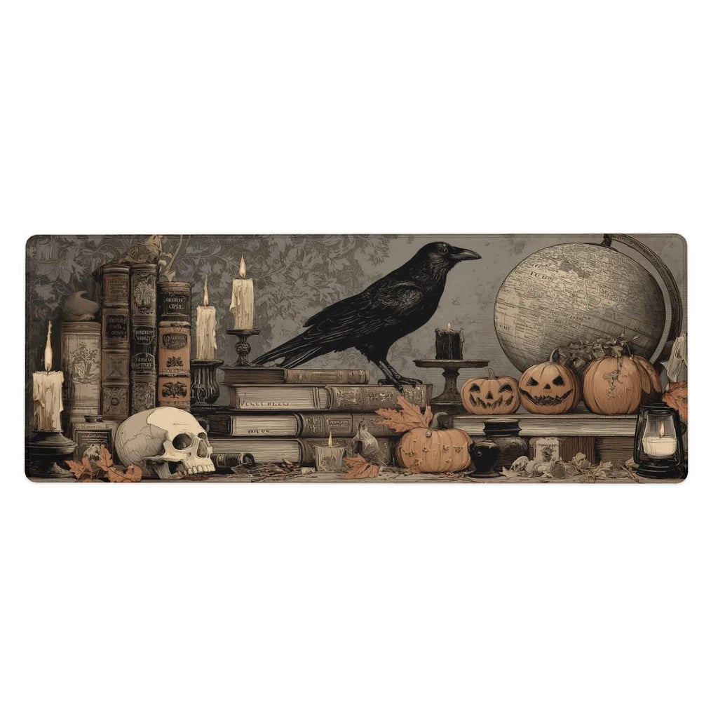 Gothic Spooky Scholar Desk Mat | Dark Academia Mouse Pad with Raven, Pumpkins, Candles and Spellbooks | Large Vintage Fantasy Art Desk Pad