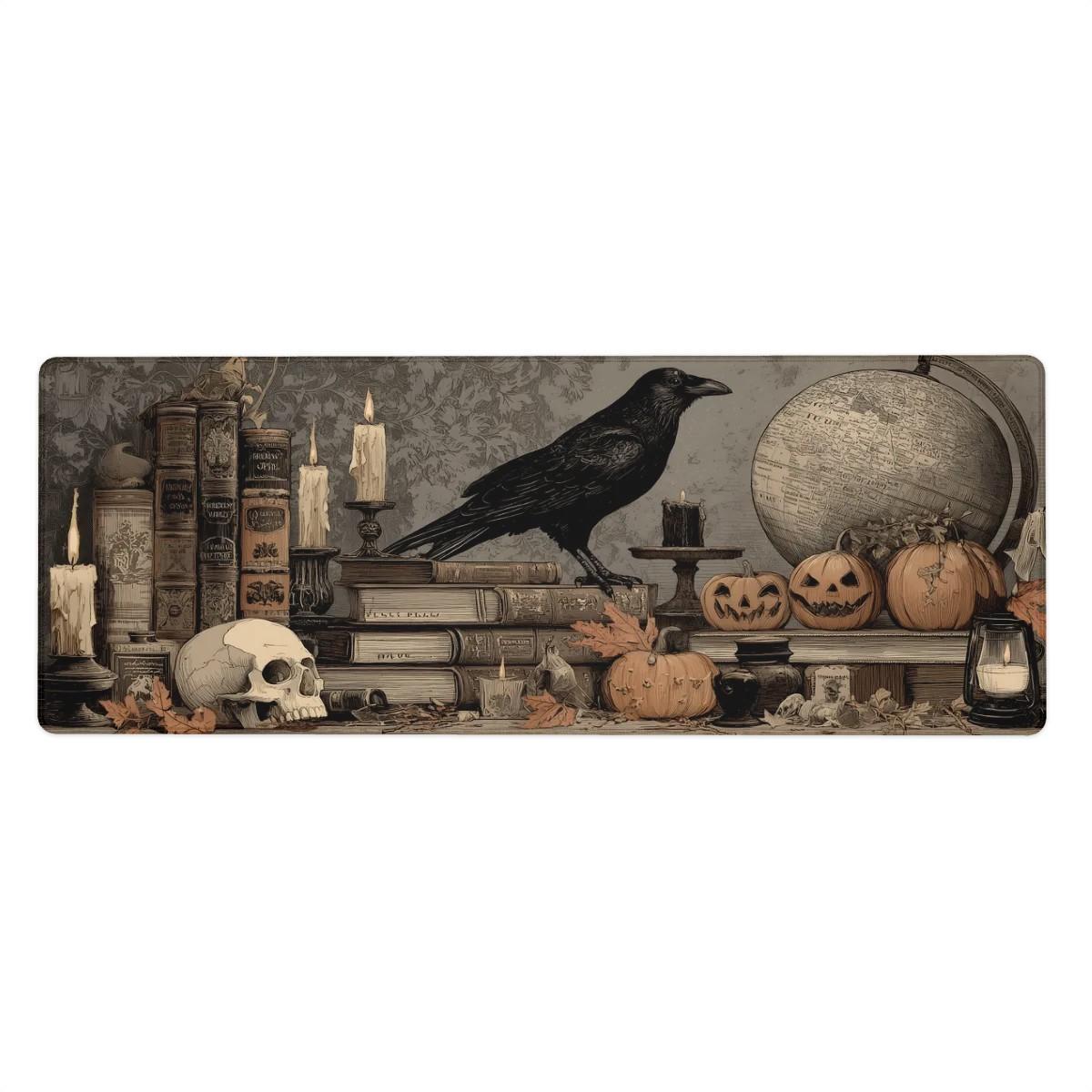 Gothic Spooky Scholar Desk Mat | Dark Academia Mouse Pad with Raven, Pumpkins, Candles and Spellbooks | Large Vintage Fantasy Art Desk Pad