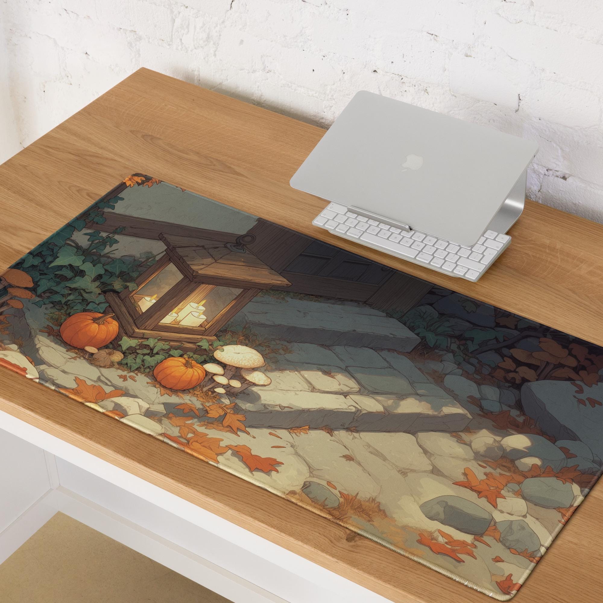 Halloween Lantern Desk Mat | RPG Cottage Autumn Pumpkins & Mushrooms Mouse Pad | Large Cottagecore Illustration Desk Pad
