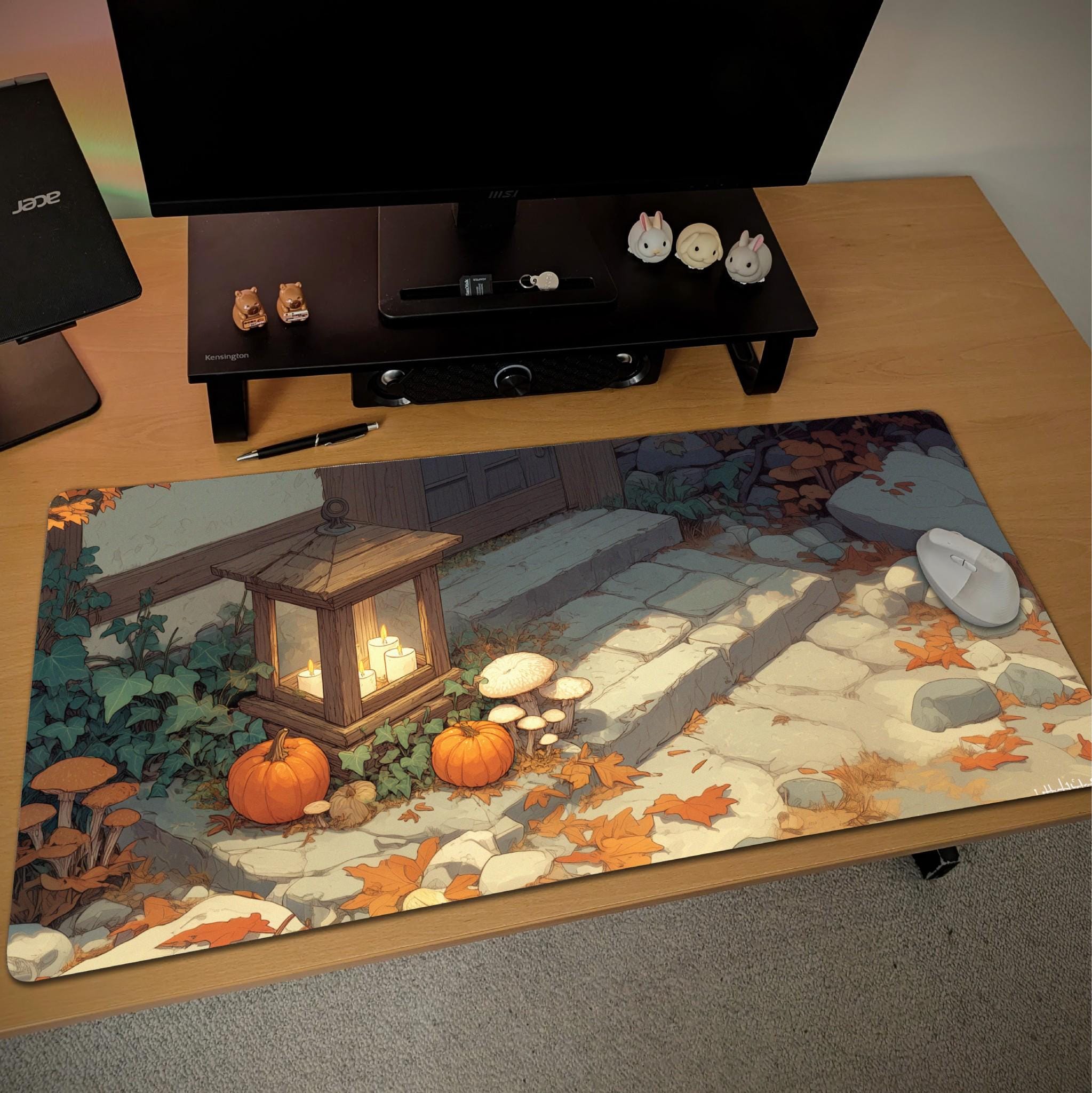 Halloween Lantern Desk Mat | RPG Cottage Autumn Pumpkins & Mushrooms Mouse Pad | Large Cottagecore Illustration Desk Pad