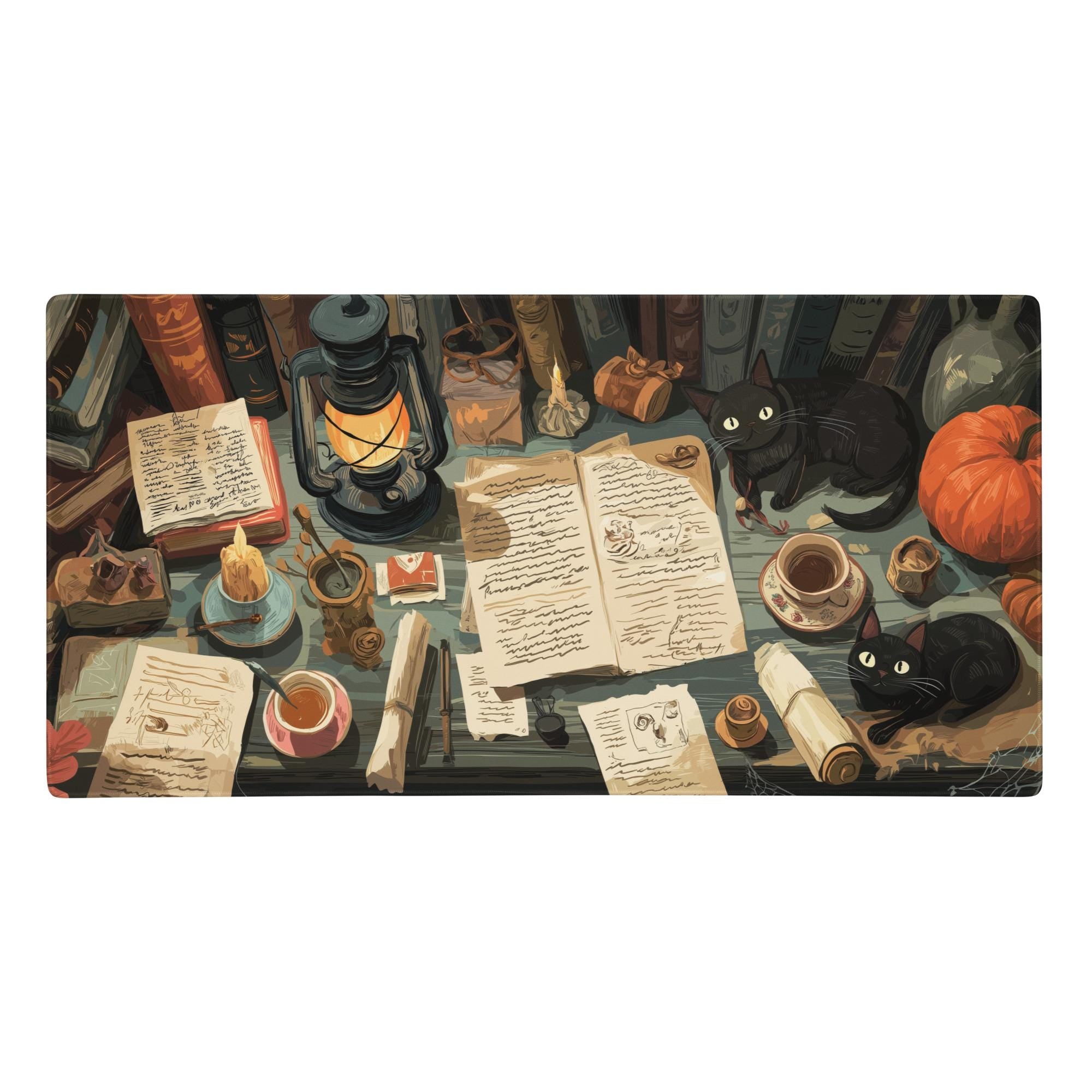 Witchy Halloween Desk Mat | Grimoire Scholarly Desk, Black Cats and Pumpkin Mouse Pad – Medieval Theme Desk Art