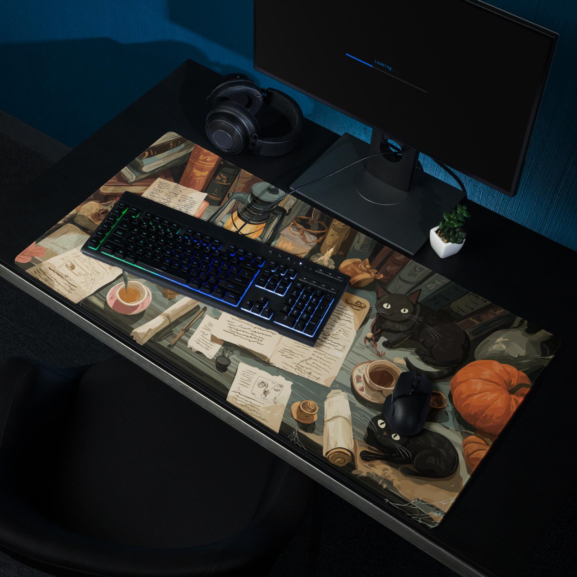 Witchy Halloween Desk Mat | Grimoire Scholarly Desk, Black Cats and Pumpkin Mouse Pad – Medieval Theme Desk Art