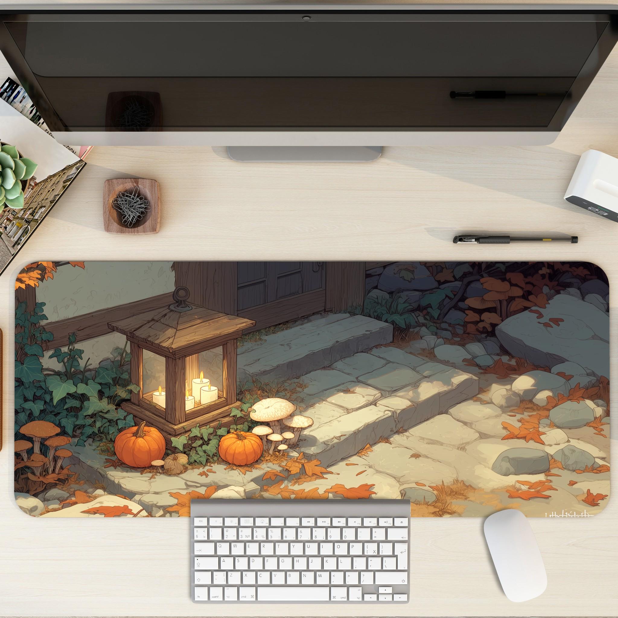 Halloween Lantern Desk Mat | RPG Cottage Autumn Pumpkins & Mushrooms Mouse Pad | Large Cottagecore Illustration Desk Pad