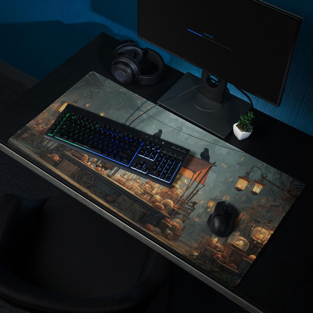 Pumpkin Head Market Desk Mat | Halloween Steampunk, Gothic Large Mouse Pad | Fantasy Game Art Decor Desk Accessory