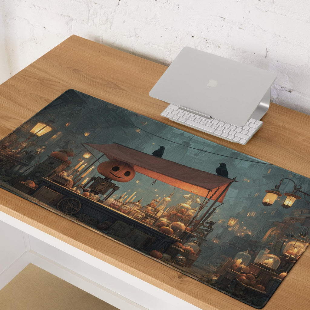 Pumpkin Head Market Desk Mat | Halloween Steampunk, Gothic Large Mouse Pad | Fantasy Game Art Decor Desk Accessory