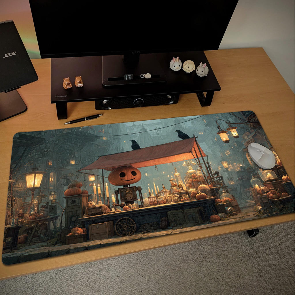 Pumpkin Head Market Desk Mat | Halloween Steampunk, Gothic Large Mouse Pad | Fantasy Game Art Decor Desk Accessory