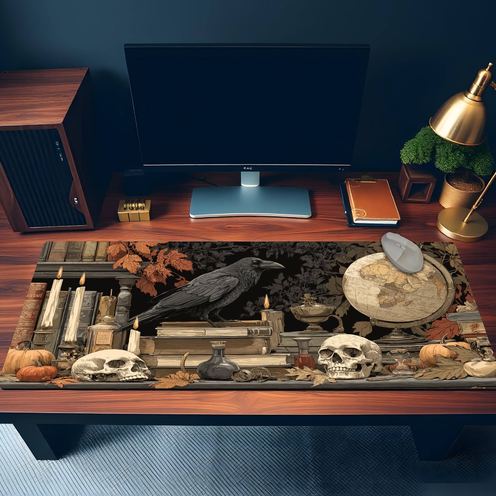 Gothic Halloween Raven Desk Mat | Dark Academia Skulls Large Mouse Pad, Vintage Witchy Desk Setup Decor