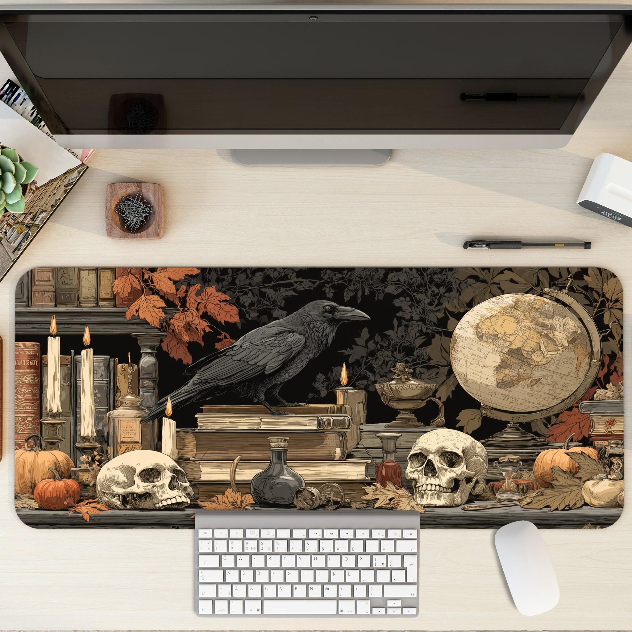 Gothic Halloween Raven Desk Mat | Dark Academia Skulls Large Mouse Pad, Vintage Witchy Desk Setup Decor