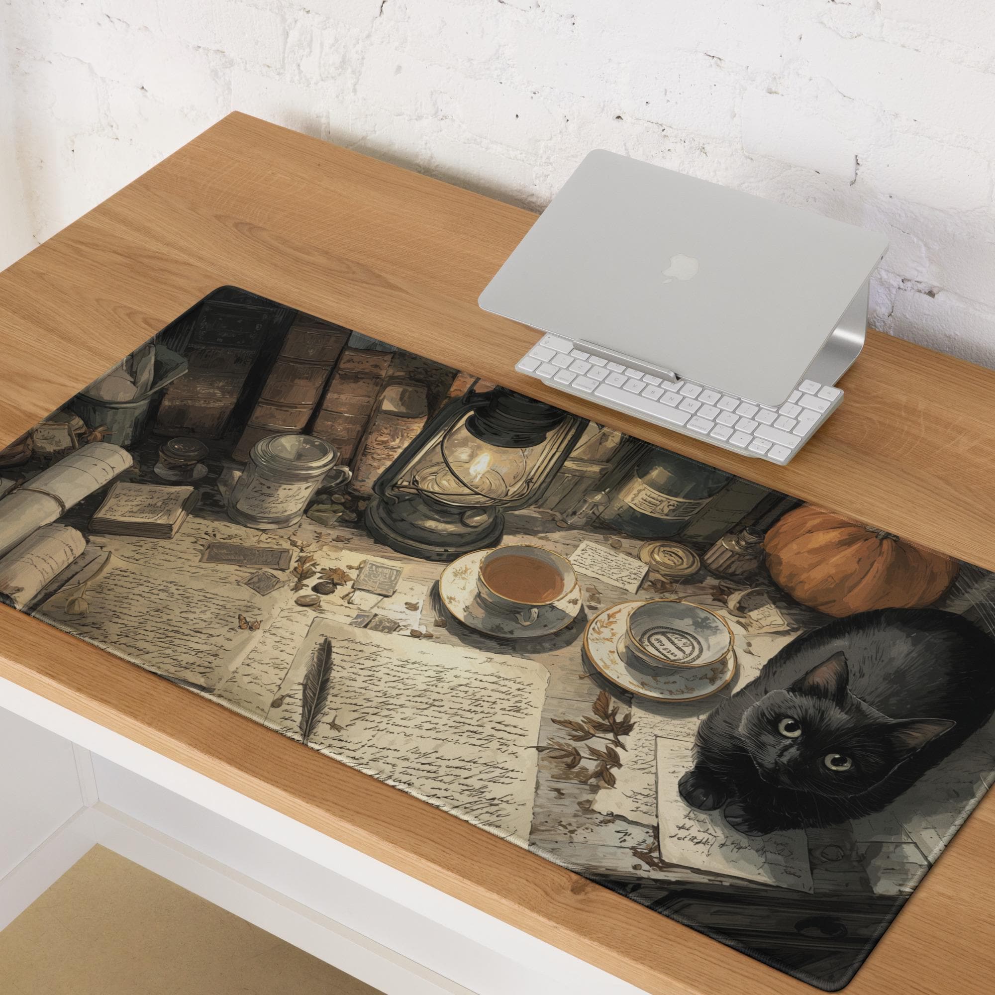 Vintage Painterly Medieval Desk Mat | Black Cat, Pumpkin & Spellbook Scholar Mouse Pad – Dark Academia Halloween Decor