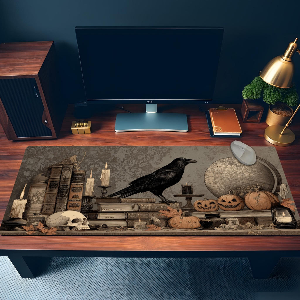 Gothic Spooky Scholar Desk Mat | Dark Academia Mouse Pad with Raven, Pumpkins, Candles and Spellbooks | Large Vintage Fantasy Art Desk Pad