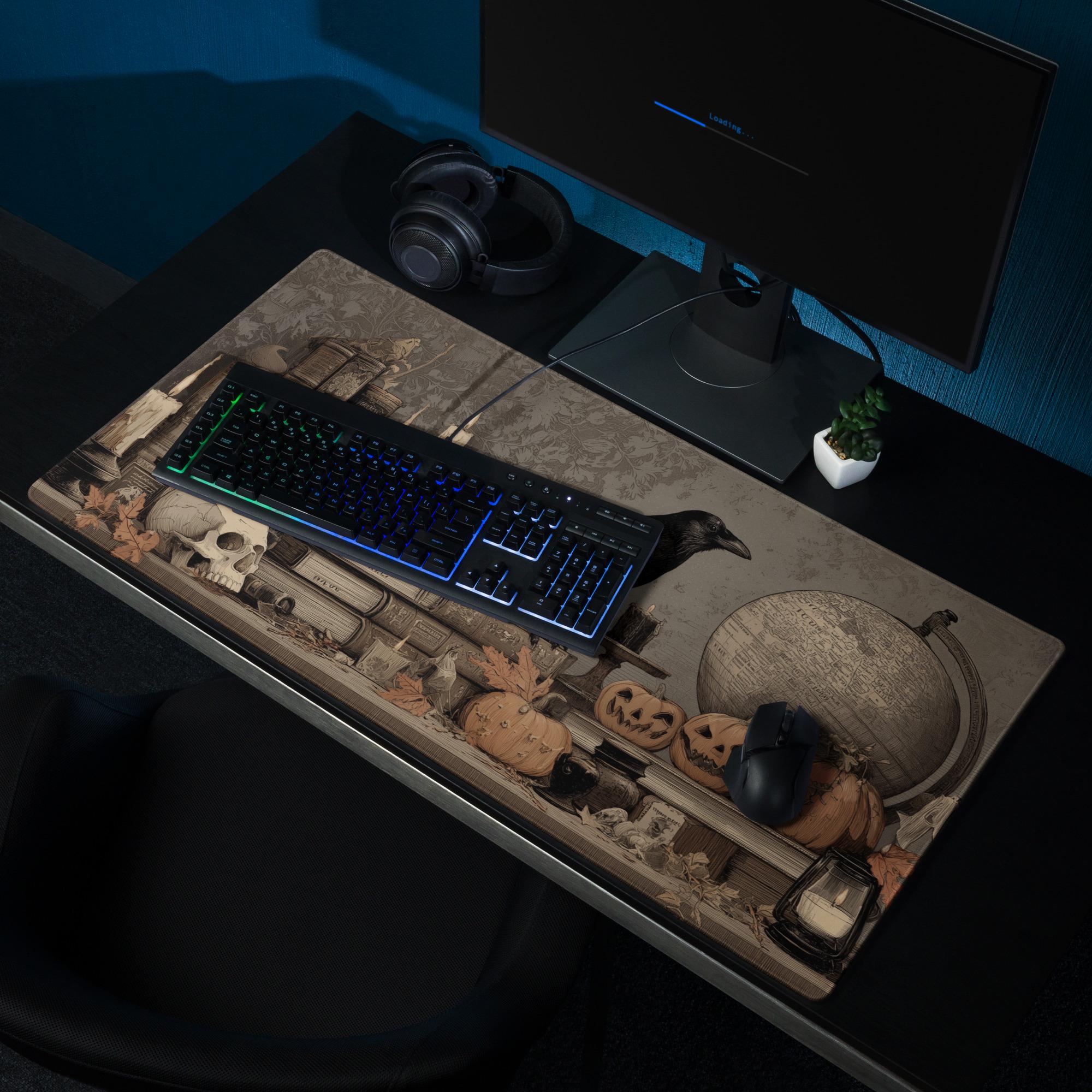 Gothic Spooky Scholar Desk Mat | Dark Academia Mouse Pad with Raven, Pumpkins, Candles and Spellbooks | Large Vintage Fantasy Art Desk Pad