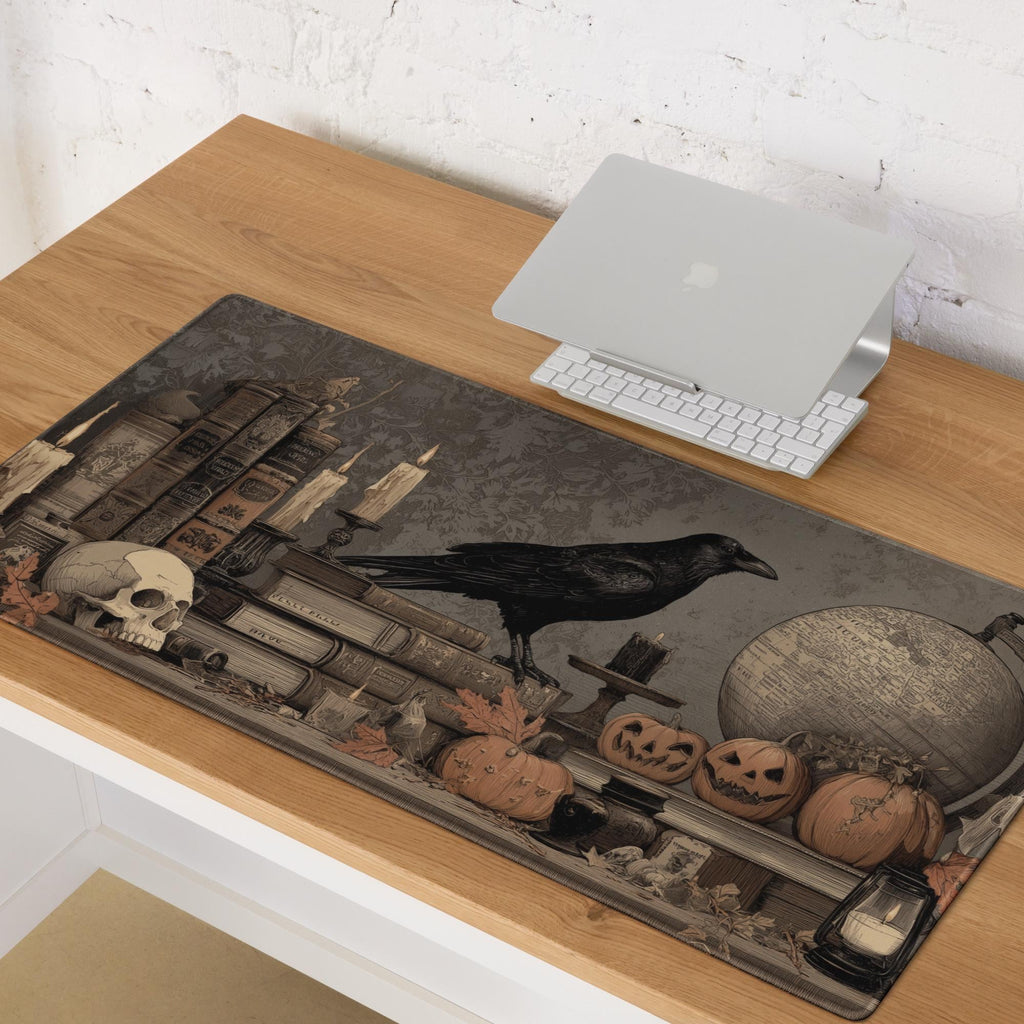 Gothic Spooky Scholar Desk Mat | Dark Academia Mouse Pad with Raven, Pumpkins, Candles and Spellbooks | Large Vintage Fantasy Art Desk Pad
