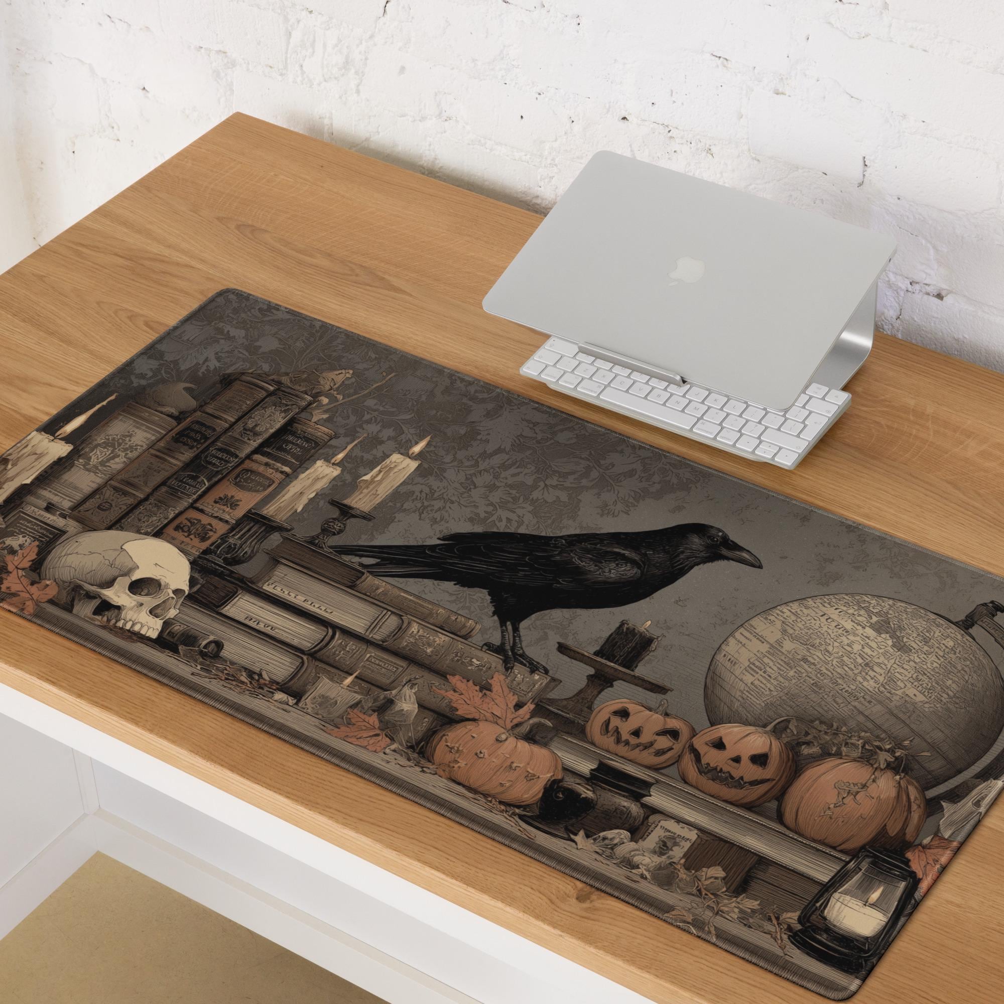 Gothic Spooky Scholar Desk Mat | Dark Academia Mouse Pad with Raven, Pumpkins, Candles and Spellbooks | Large Vintage Fantasy Art Desk Pad