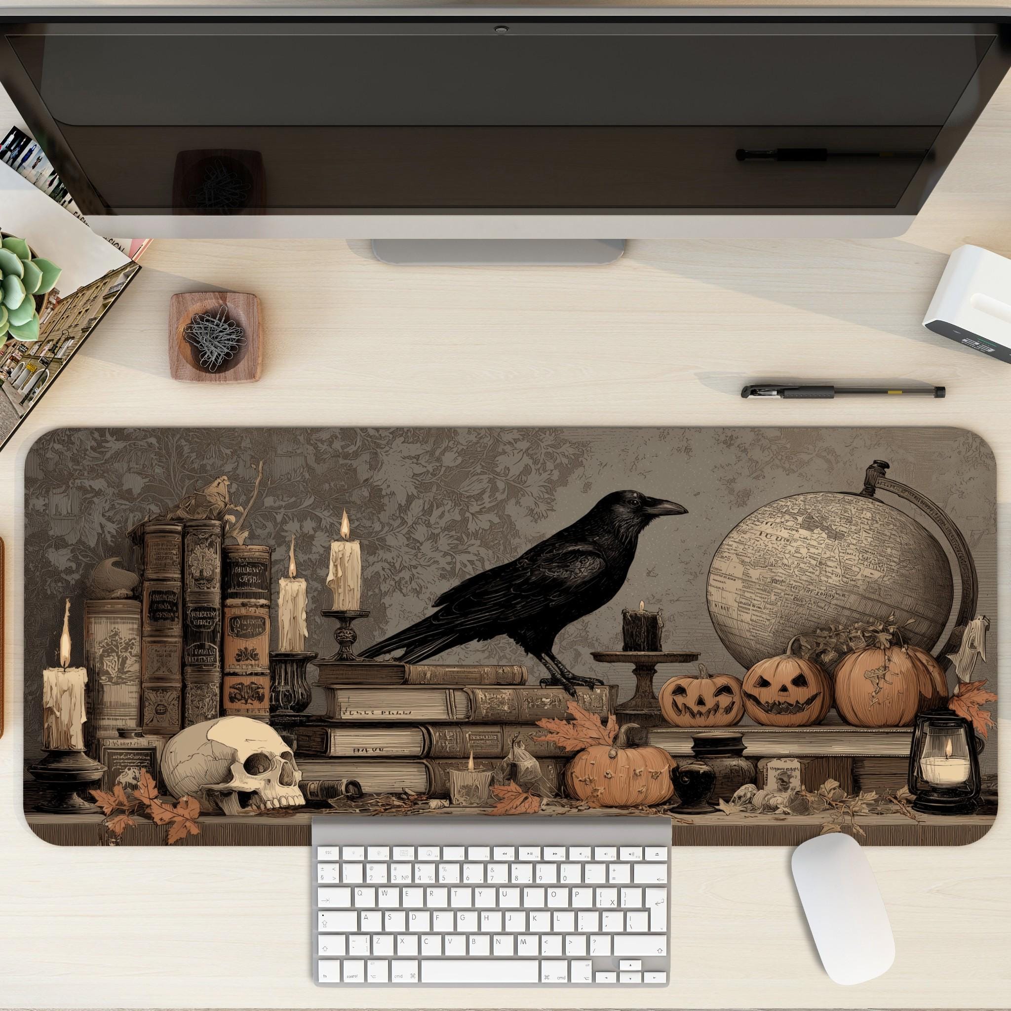 Gothic Spooky Scholar Desk Mat | Dark Academia Mouse Pad with Raven, Pumpkins, Candles and Spellbooks | Large Vintage Fantasy Art Desk Pad