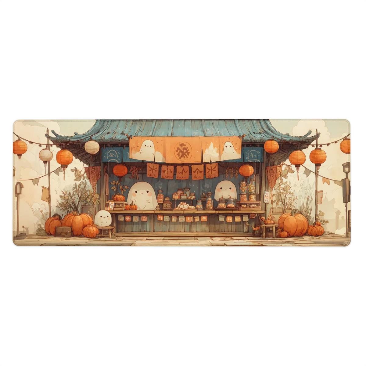 Kawaii Halloween Market Desk Mat | Cute Japanese Ghost Mochi Festive Mouse Pad, Pumpkin Lantern Beige, Orange Desk Pad