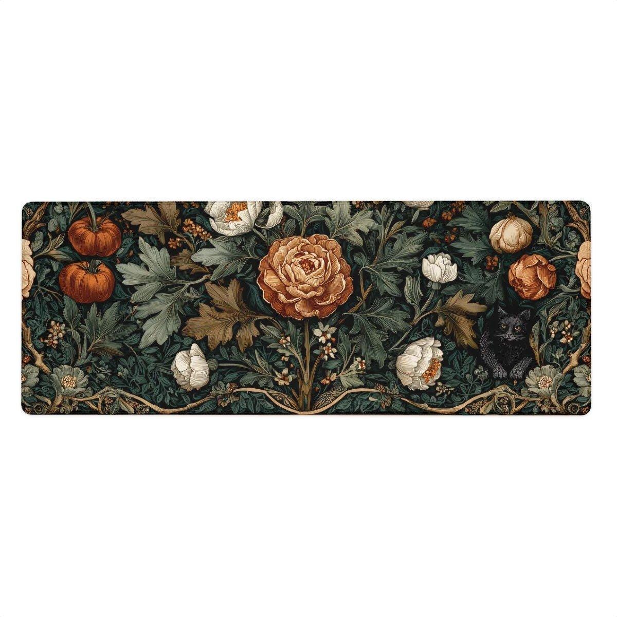 Autumn Botanical Desk Mat | William Morris Floral Cat Mouse Pad | Dark Green Orange Victorian Arts Crafts Decor