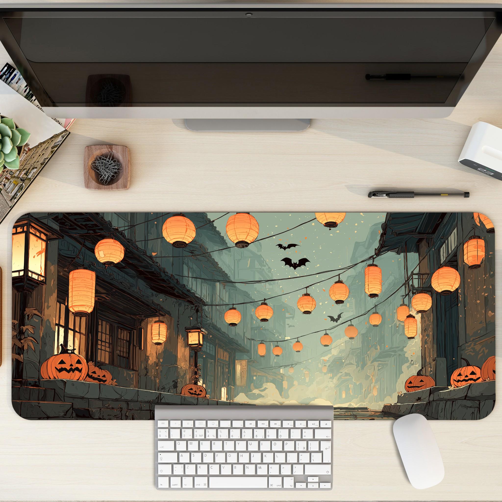 Japanese Halloween Street Desk Mat | Haunted Alley with Pumpkins & Bats – Large Spooky Festival Gaming, Office Mouse Pad