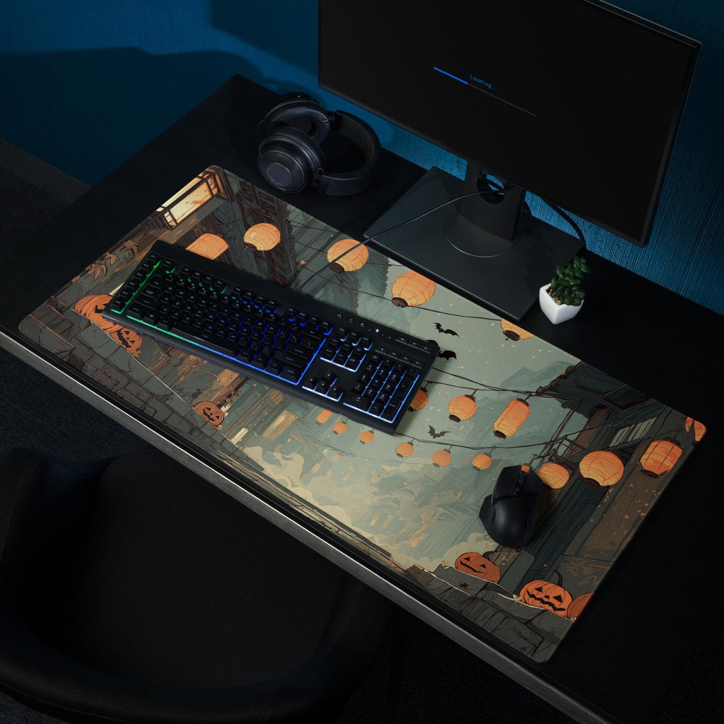 Japanese Halloween Street Desk Mat | Haunted Alley with Pumpkins & Bats – Large Spooky Festival Gaming, Office Mouse Pad