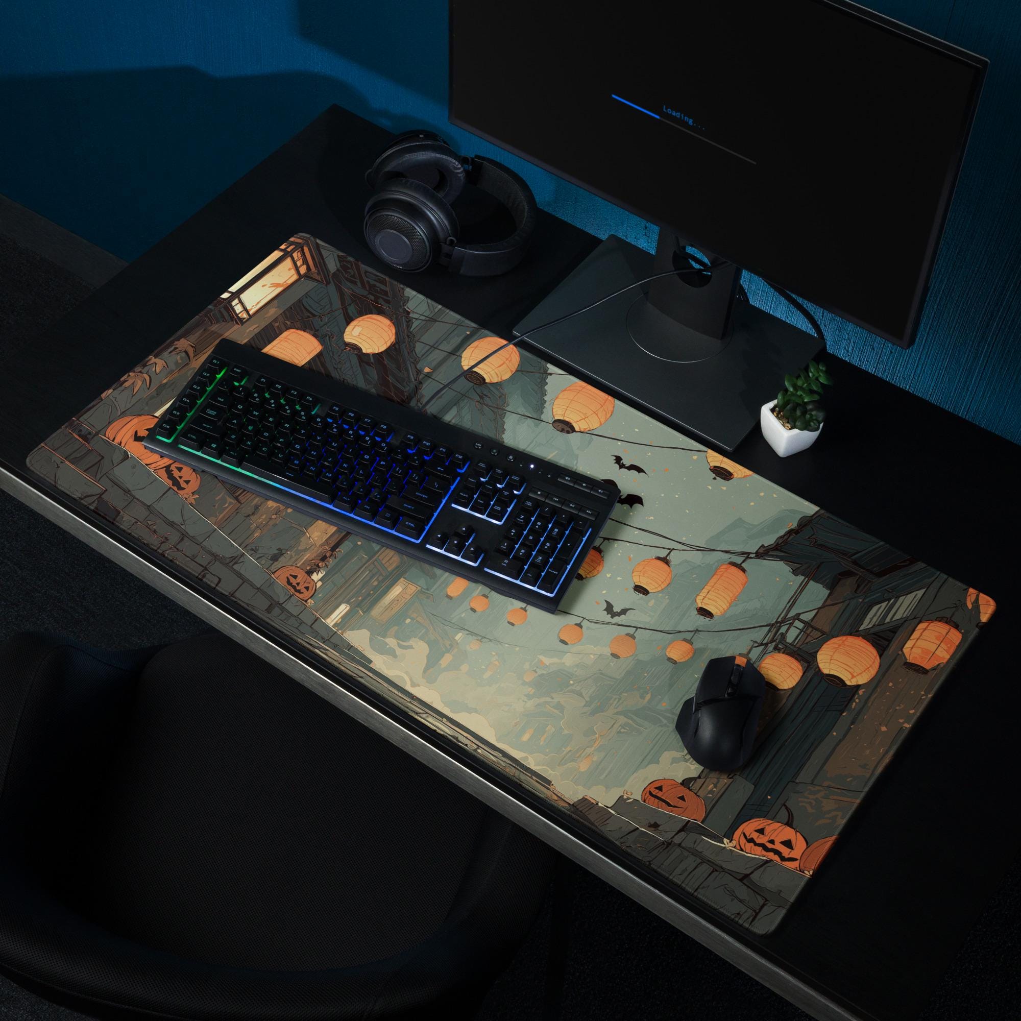 Japanese Halloween Street Desk Mat | Haunted Alley with Pumpkins & Bats – Large Spooky Festival Gaming, Office Mouse Pad