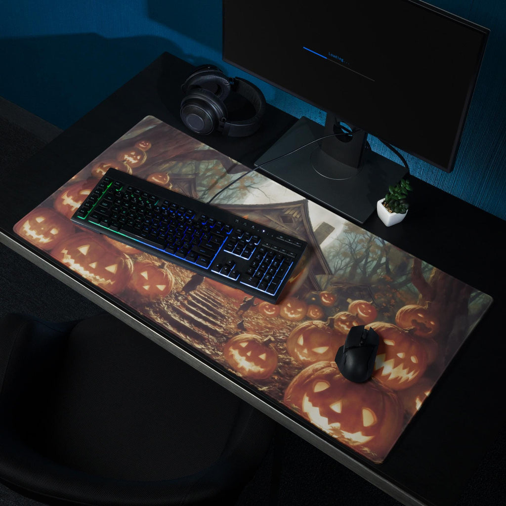 Giant Pumpkin House Desk Mat | Haunted Forest Halloween Jack O Lantern Scene – Spooky Horror Gaming Mouse Pad