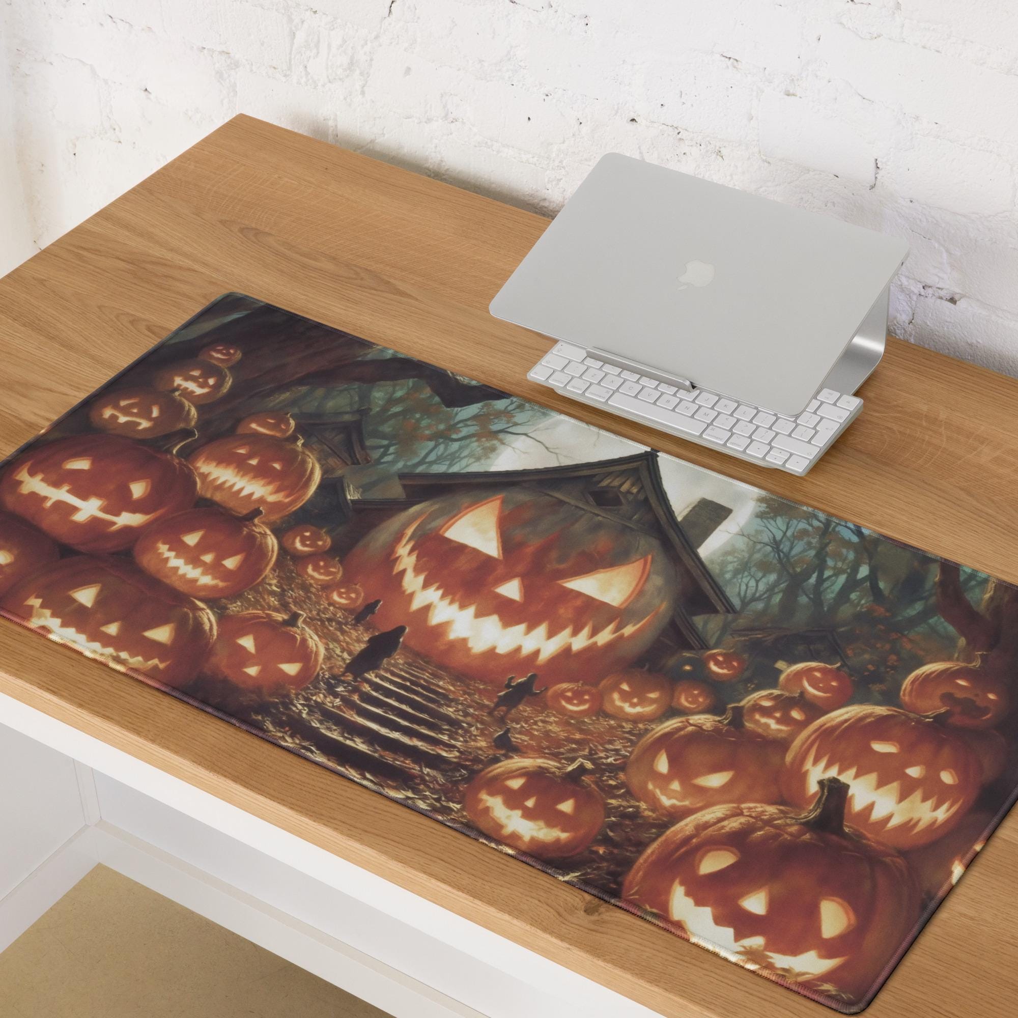 Giant Pumpkin House Desk Mat | Haunted Forest Halloween Jack O Lantern Scene – Spooky Horror Gaming Mouse Pad