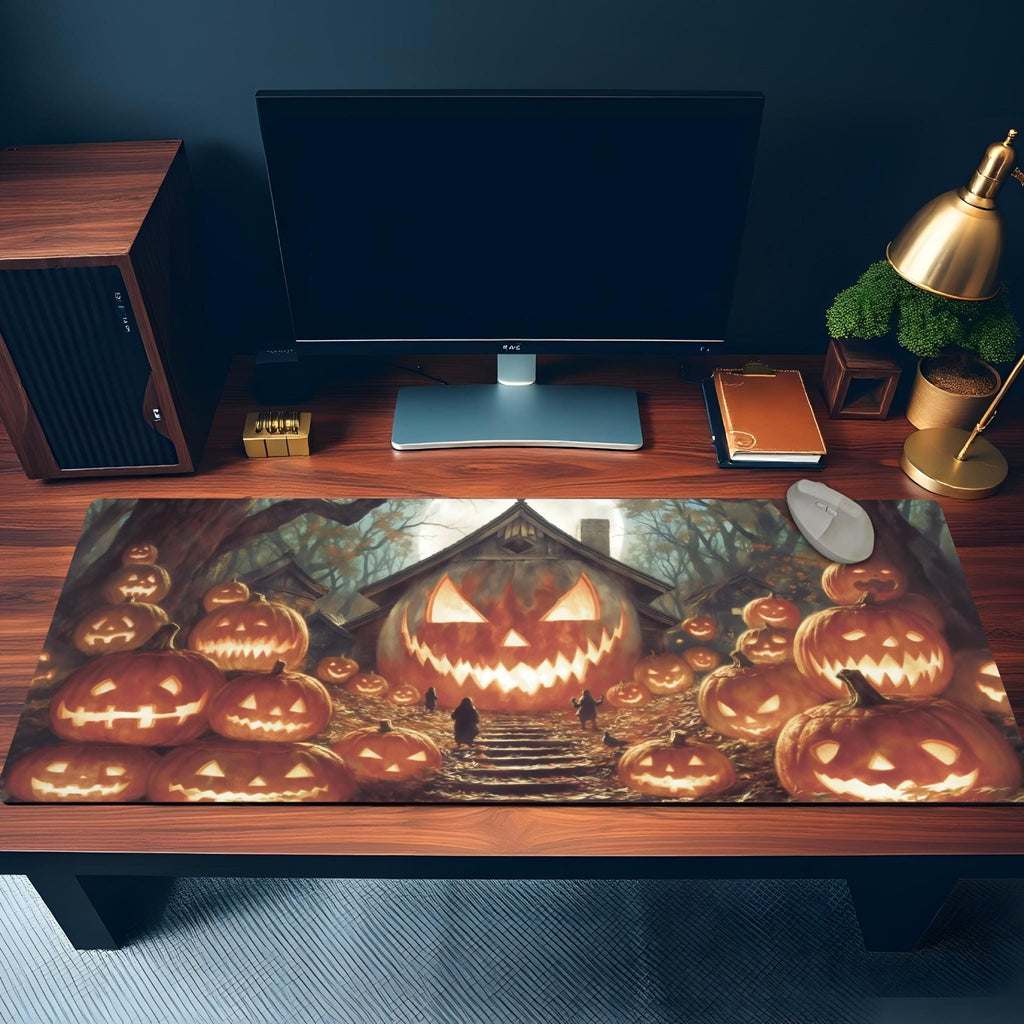 Giant Pumpkin House Desk Mat | Haunted Forest Halloween Jack O Lantern Scene – Spooky Horror Gaming Mouse Pad