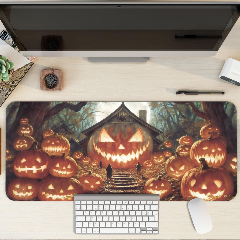 Giant Pumpkin House Desk Mat | Haunted Forest Halloween Jack O Lantern Scene – Spooky Horror Gaming Mouse Pad