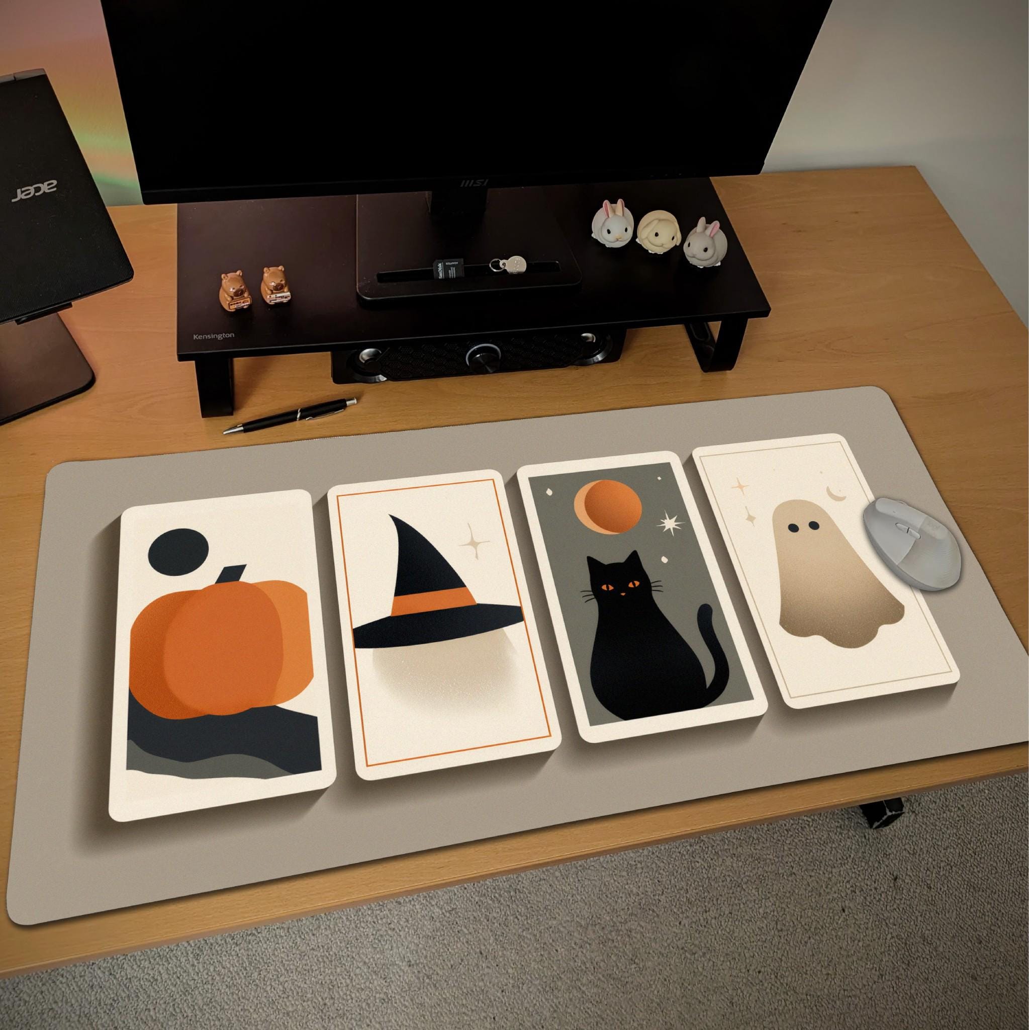 Minimalist Tarot Cards Halloween Desk Mat | Geometric Fantasy, Large Boho Beige Color Mouse Pad