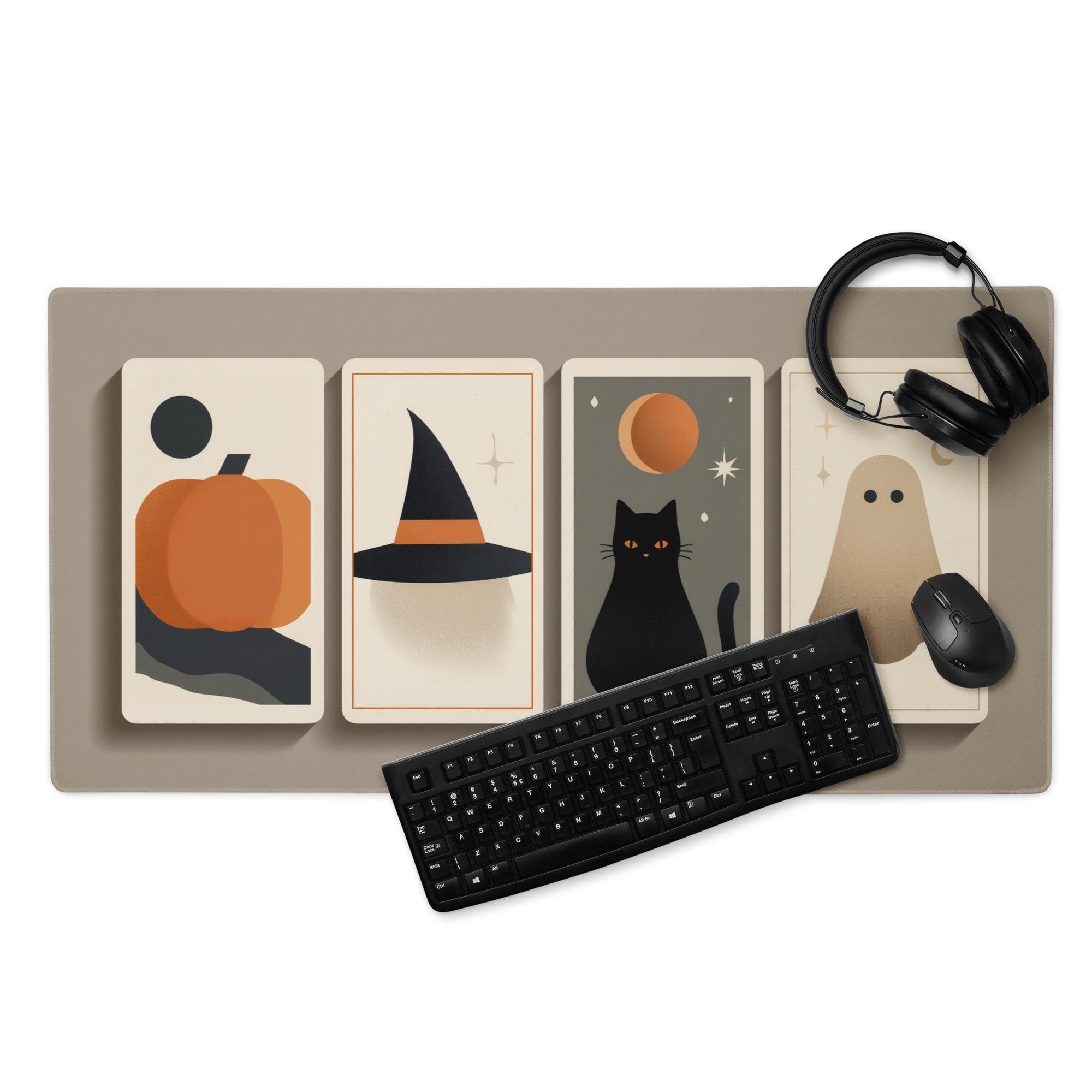 Minimalist Tarot Cards Halloween Desk Mat | Geometric Fantasy, Large Boho Beige Color Mouse Pad