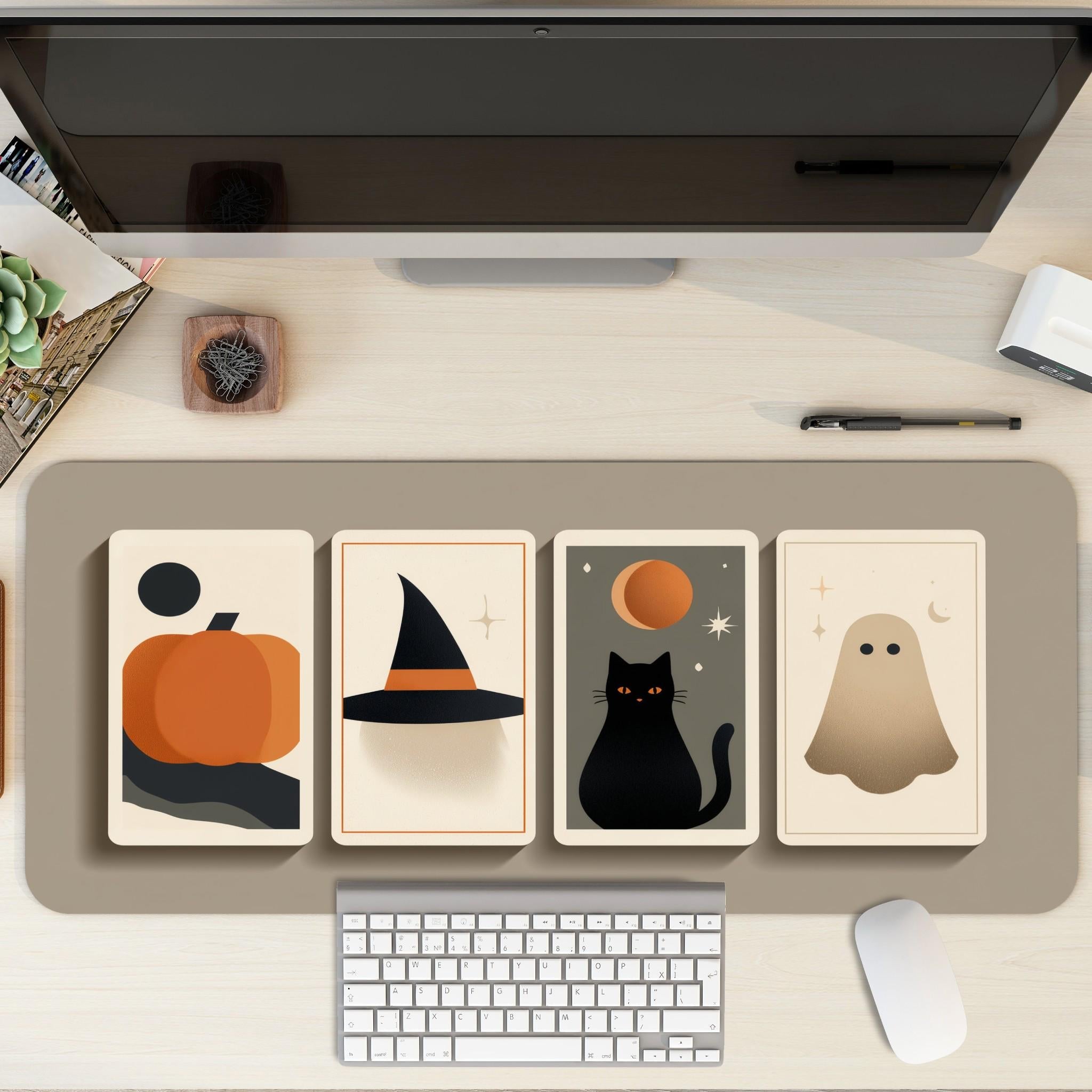 Minimalist Tarot Cards Halloween Desk Mat | Geometric Fantasy, Large Boho Beige Color Mouse Pad
