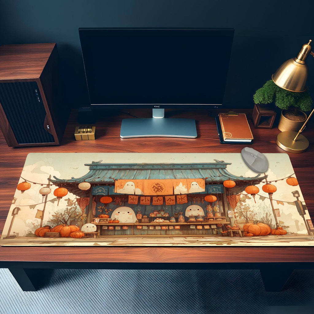 Kawaii Halloween Market Desk Mat | Cute Japanese Ghost Mochi Festive Mouse Pad, Pumpkin Lantern Beige, Orange Desk Pad