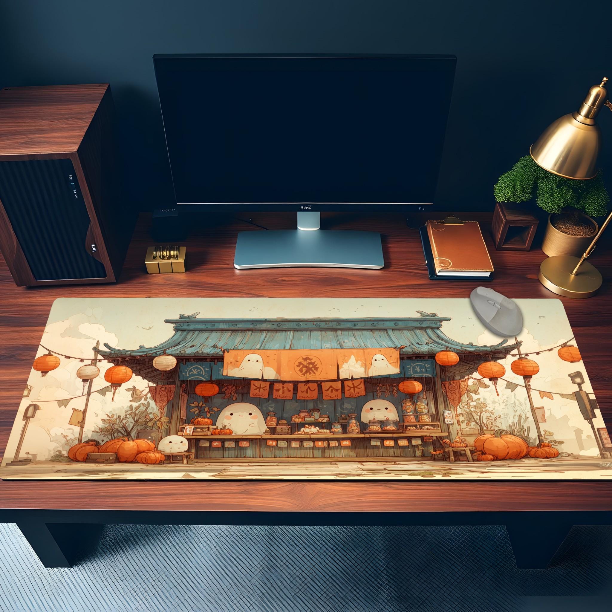 Kawaii Halloween Market Desk Mat | Cute Japanese Ghost Mochi Festive Mouse Pad, Pumpkin Lantern Beige, Orange Desk Pad