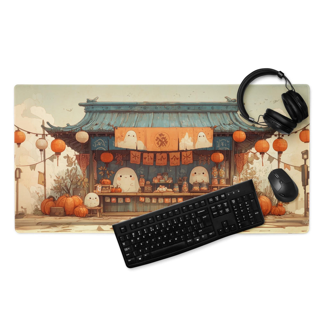 Kawaii Halloween Market Desk Mat | Cute Japanese Ghost Mochi Festive Mouse Pad, Pumpkin Lantern Beige, Orange Desk Pad