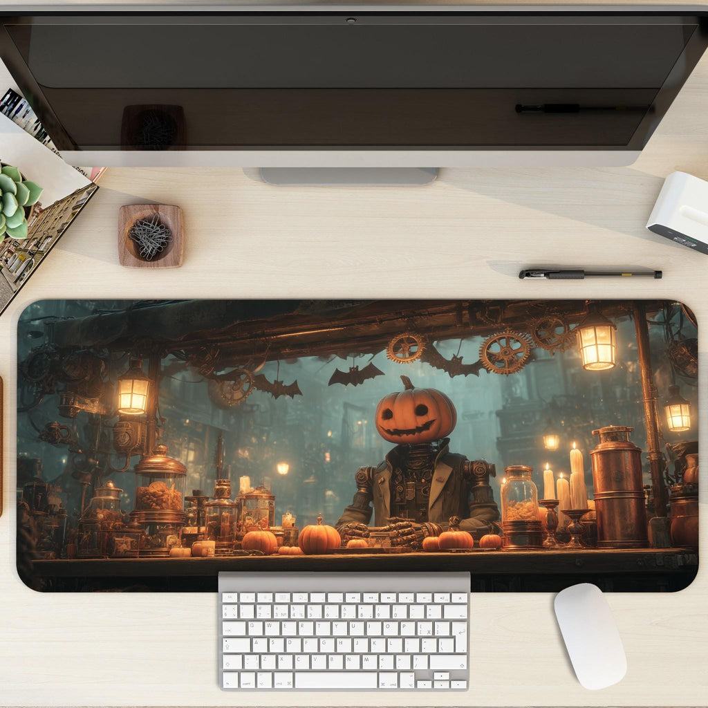 Steampunk Halloween Desk Mat | Gothic Pumpkin Head Mouse Pad, Cinematic Horror Desk Pad