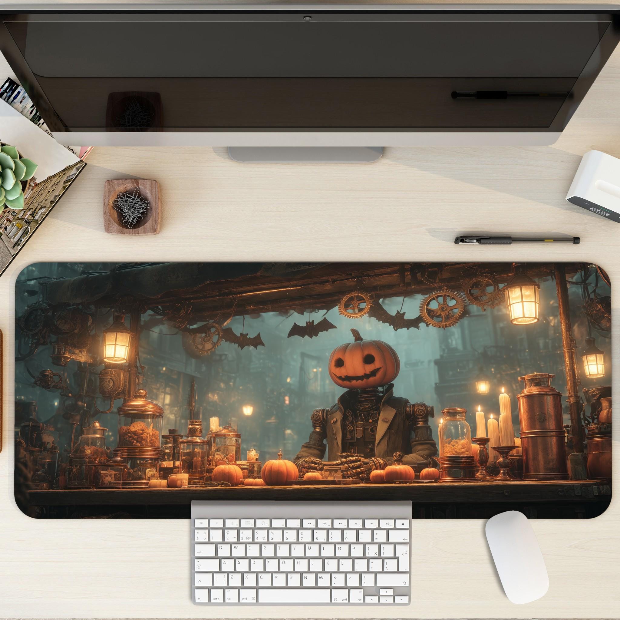 Steampunk Halloween Desk Mat | Gothic Pumpkin Head Mouse Pad, Cinematic Horror Desk Pad